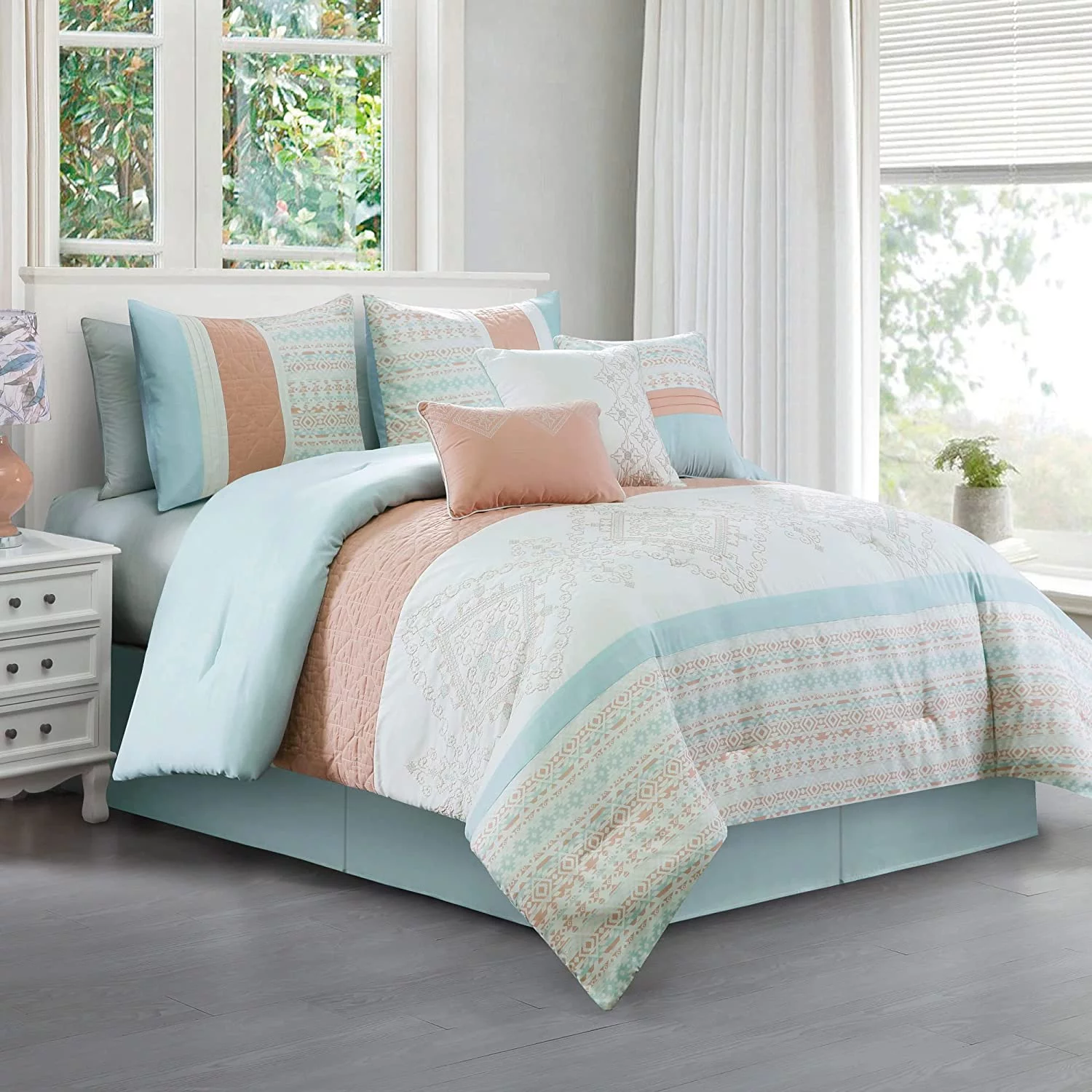 Chezmoi Collection Laura 7-Piece Bedding Set Coral Mint Blue White Embroidery Pleated Striped Comforter Set Queen Size