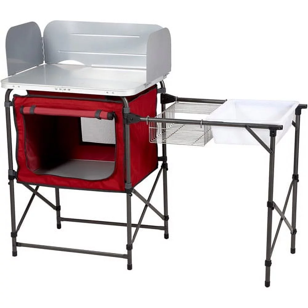 Ozark Trail Deluxe Camping Kitchen with Storage, Silver and Red, 31