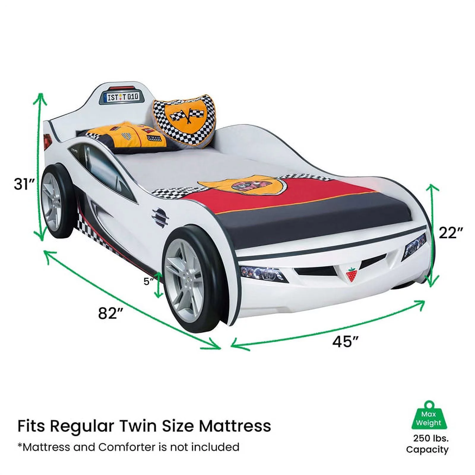 Cilek Kids Room Race Cup Wood Twin Car Bed with Cool Details in White