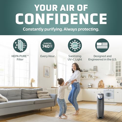 GermGuardian 4-In-1 HEPA Air Purifier for Home, Large Rooms Up To 743 Sq. Ft. with HEPA Air Filter, UC-V Light & Odor Reduction, AC4825E, 22