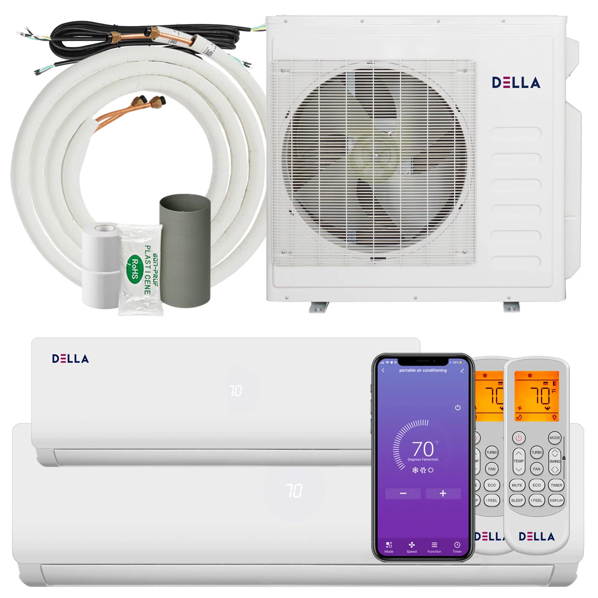 DELLA 36K BTU ODU 2 Zone 9000 24000 BTU 19 SEER 208/230V Cools Up to 1900 Sq.Ft Wifi Energy Efficient Multi Zone Ductless Mini Split Air Conditioner Heat Pump Full Set with 16ft Installation Kits