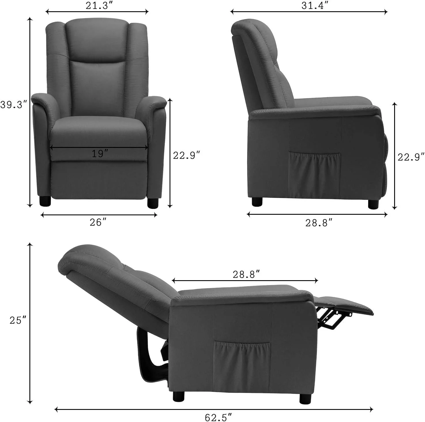 Vitesse Modern Fabric Recliner Chair for Adults, Home Theater Seating with Pocket, Lounge Single Recliner Sofa with footrest and Backrest, Fabric Reading Recliner for Living Room, Bedroom