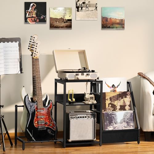 LELELINKY 3 Tier End Table,Record Player Stand with Storage Up to 100 Albums,Turntable Stand for Vinyl,Brown Records Shelf for Living Room Bedroom