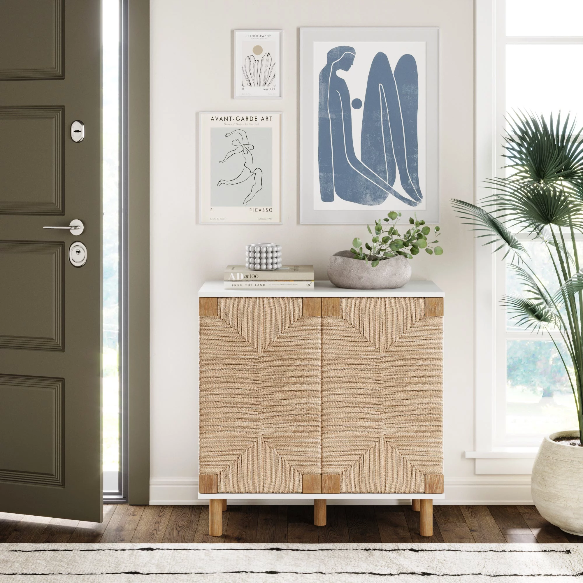 Nathan James Beacon Accent Natural Cabinet Sideboard, Storage Cabinet with Adjustable Interior Shelf and Seagrass Doors, for Hallway, Entryway or Dining Room, Light Brown/White