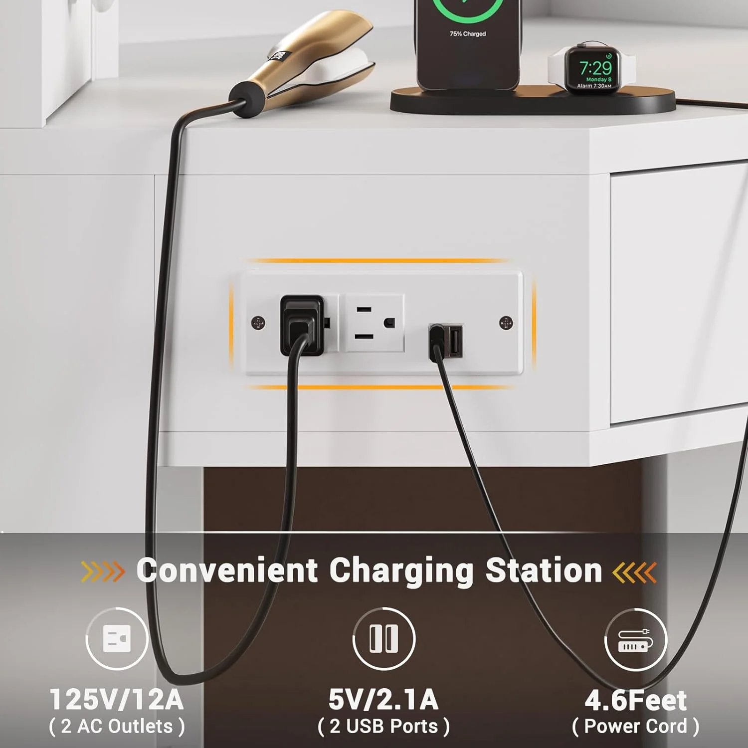Makeup Corner Vanity Desk with with Mirror and Lights and Charging Station,White Vanity Set table Dressing with Drawers&Storage Stool&Rotating Shelves for Girls Women