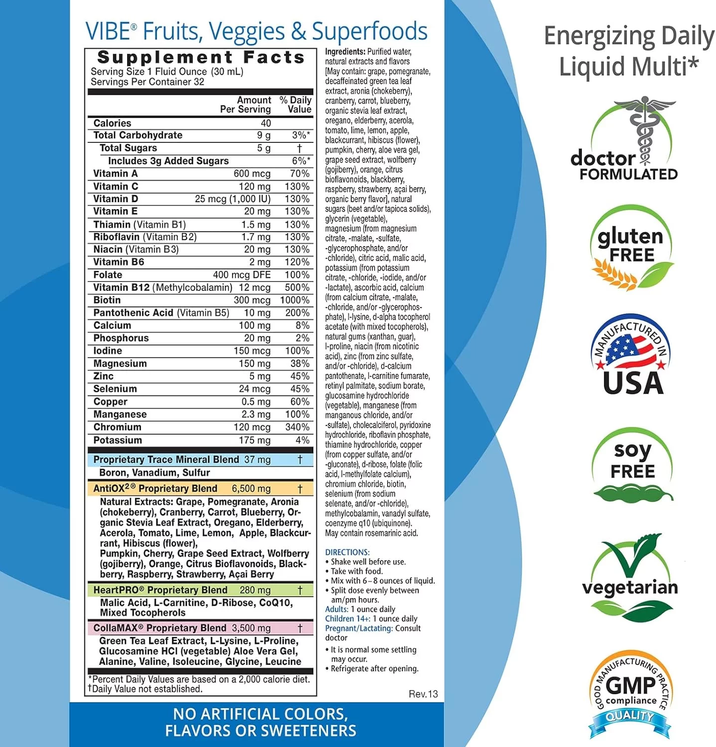 Eniva Vibe Liquid Daily Multivitamin with Vitamin A, B3, C, D, E & Amino Acids , Fruit & Veggie Superfood Supplement , Doctor Formulated , for Men and Women - 32 oz Fruit 32 Fl Oz (Pack of 1)