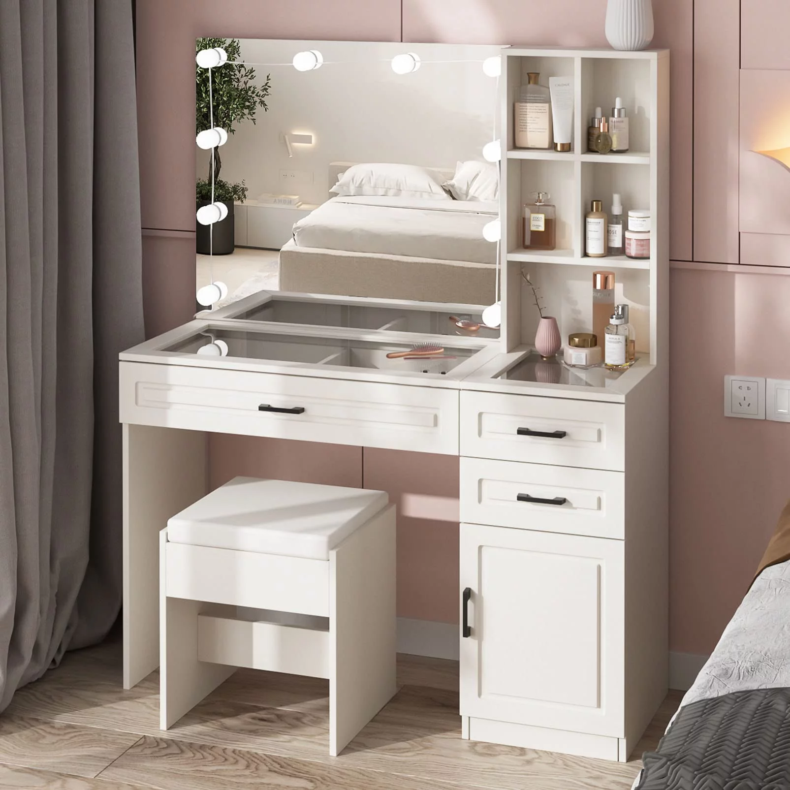 VEANERWOOD Vanity Desk Set with LED Lighted Mirror and Glass Desktop, Makeup Vanity Table with 3 Drawers, for Bedroom, Bathroom, 45in, White