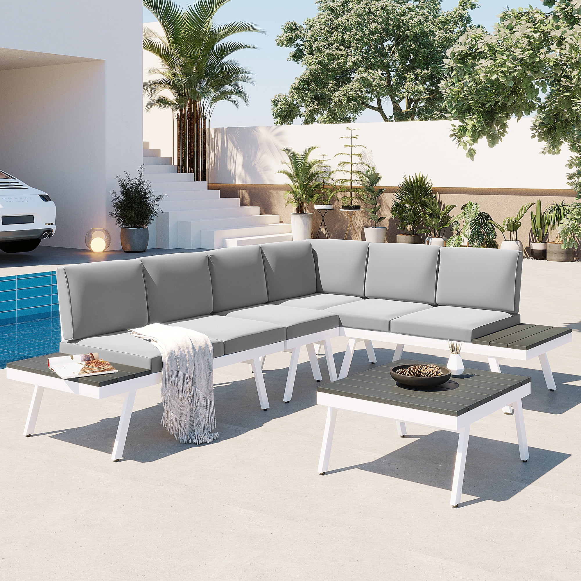 Glavbiku 5 Piece Outdoor Patio Furniture Set,Modern Sectional Sofa with Coffee Table,End Table,Grey