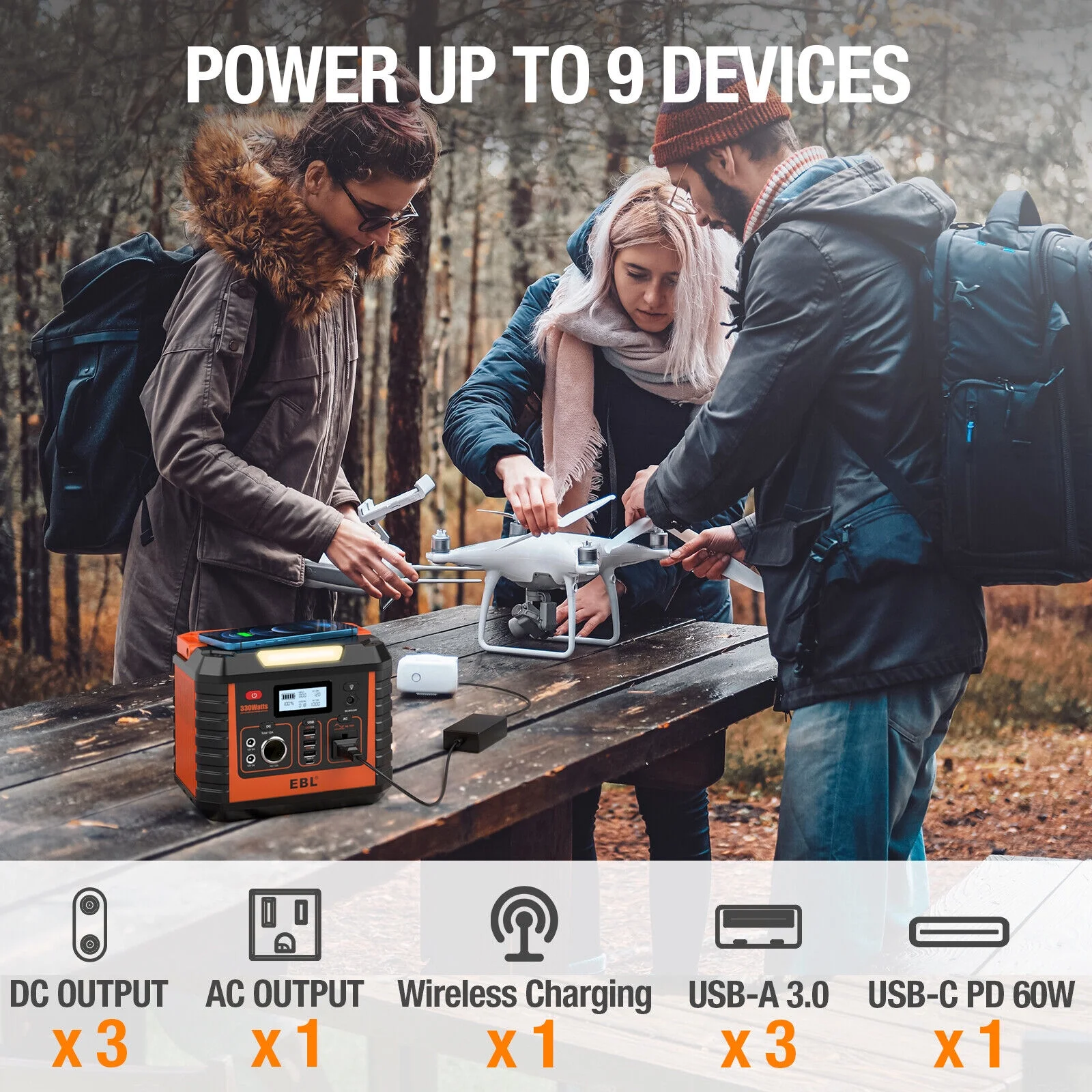 EBL Portable Power Station, 110V/330W Pure Sine Wave Solar Generator -Peak 600W Backup Lithium Batteries AC Outlet for Blackout Outdoors Camping 1 Count