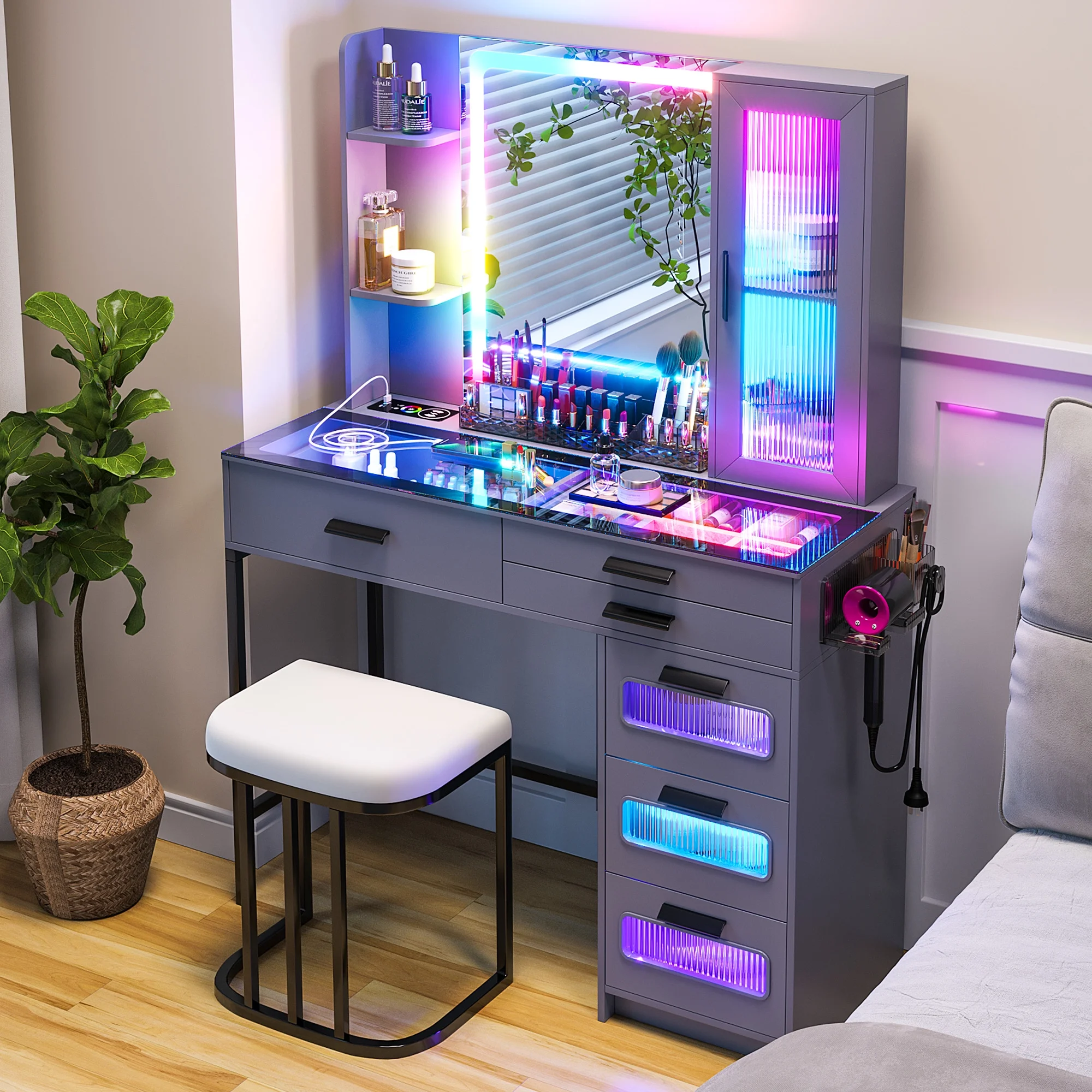 HNEBC RGB Vanity Desk with Lights, Glass Top Makeup Desk with Wireless Charging Station, Dressing Table Set with Stool/6 Drawers, Makeup Vanity with Dazzling Lights and Mirror,Dressing Table (Grey)