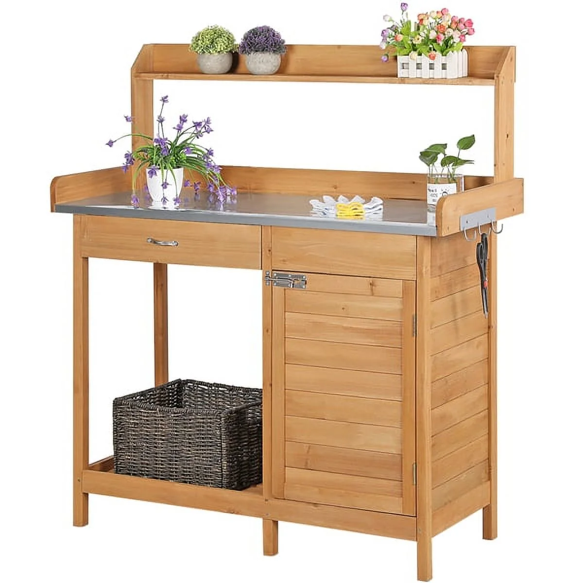 SmileMart Wooden Garden Potting Bench with Cabinet, Oak