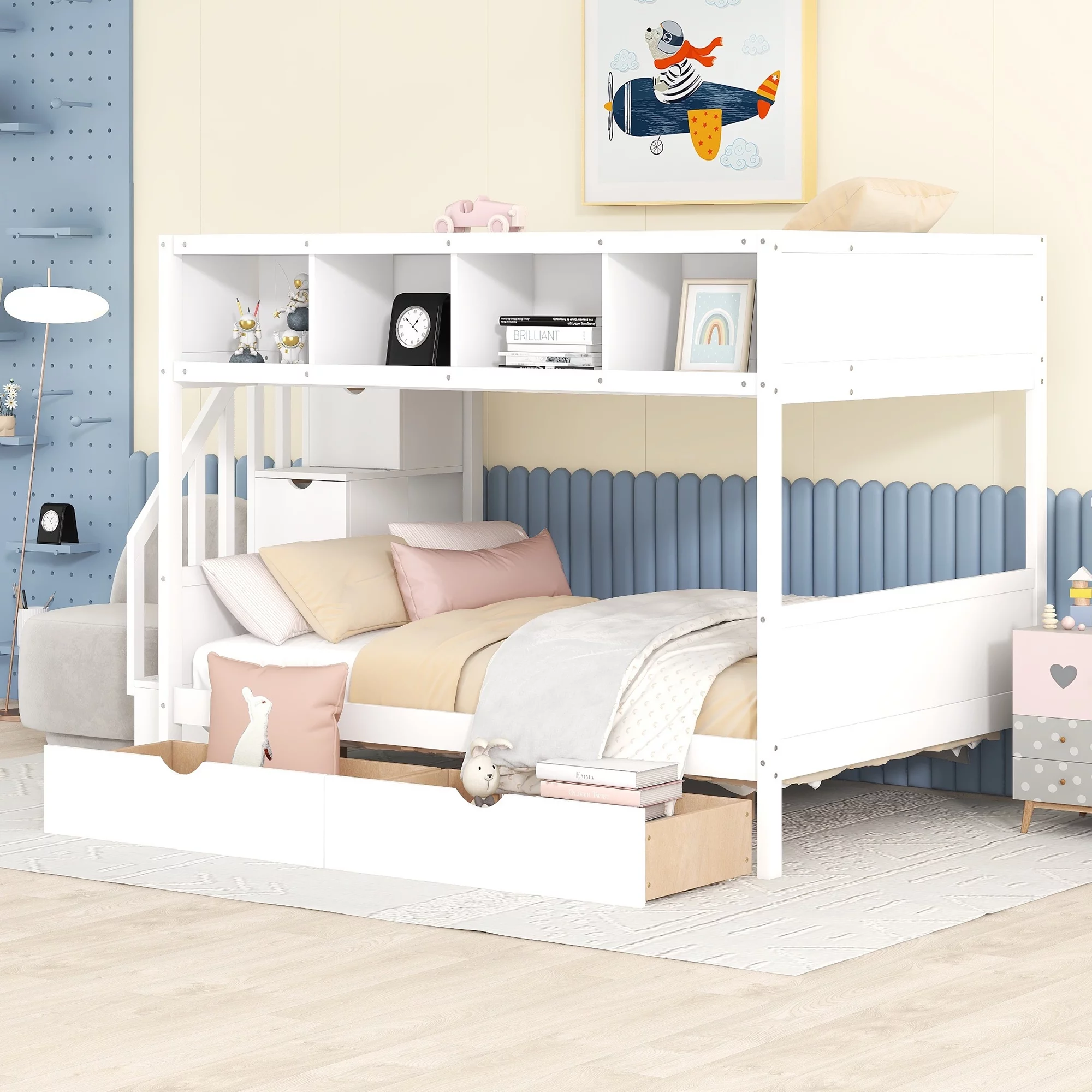 Solid Wood Twin Over Full Bunk Bed with Two Drawers and Staircase, Reinforced Structure for Toddler Teens, Bed with Shelfs, Storage Staircase and 2 Drawers(White)