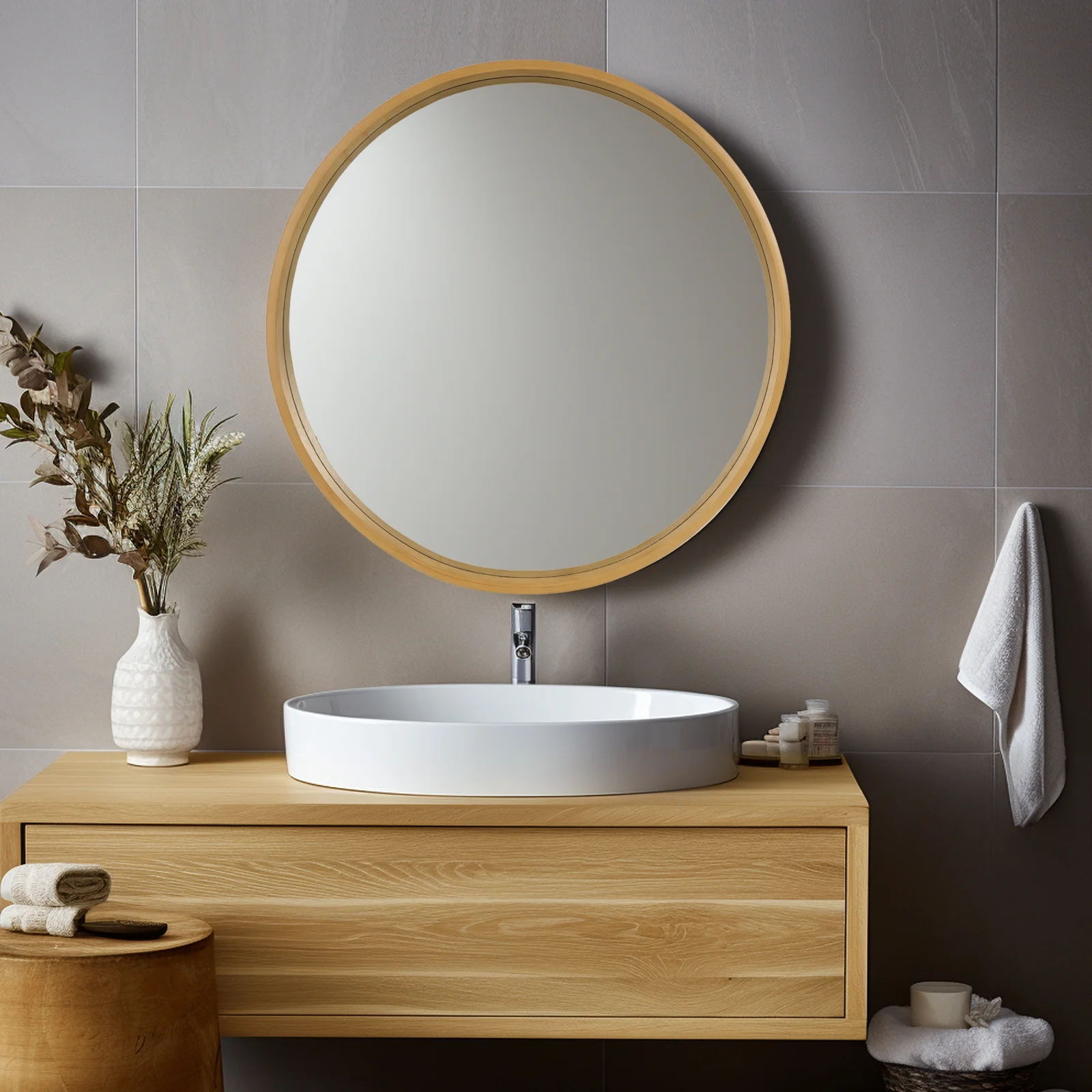 Magnifique Round Mirror for Bathroom with Wood Frame, Wall Mounted Circle Mirror 24