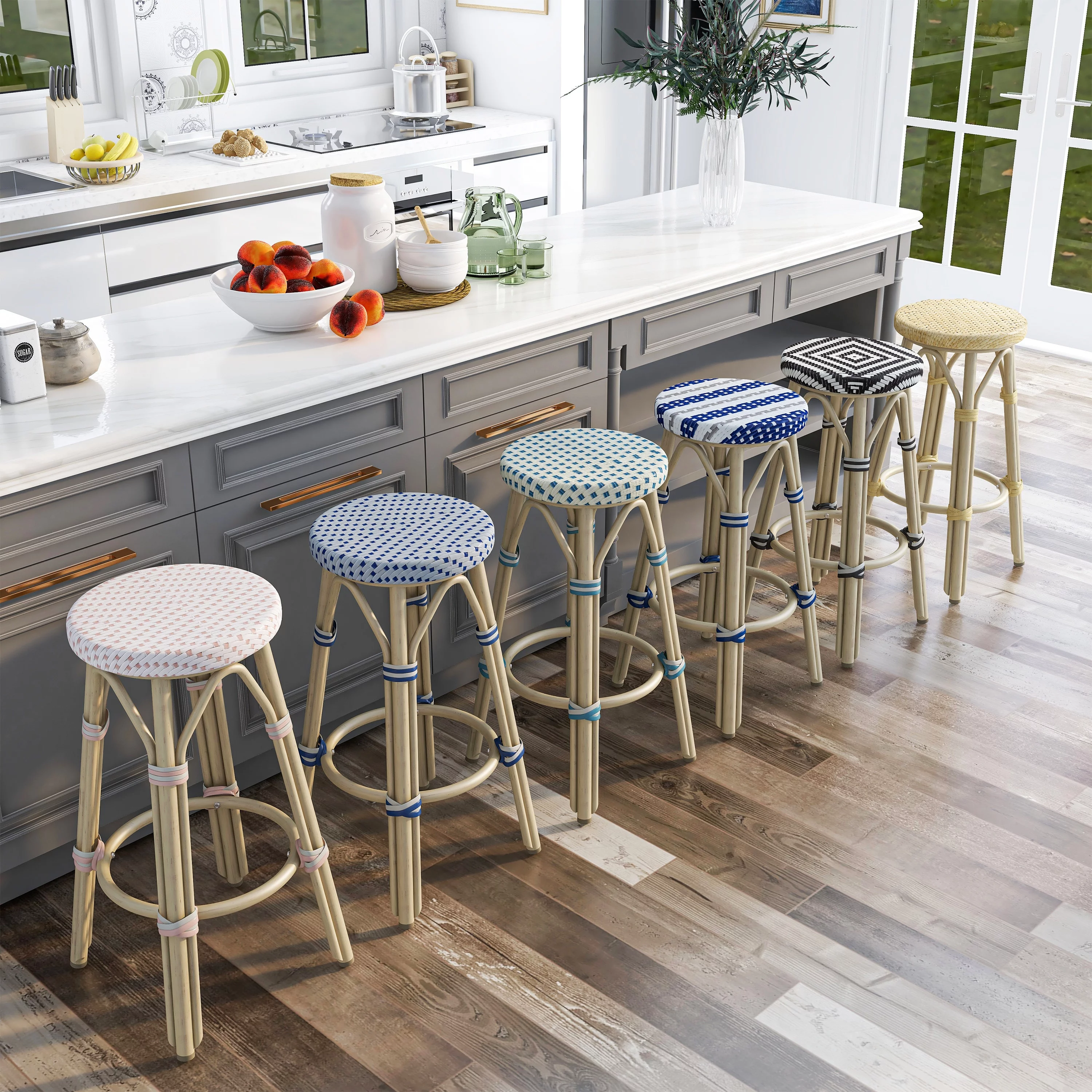 Furniture of America Elena Bohemian Round Wicker Patio Stools (Set of 2) by  Natural Tan 30-inch Bar Height - 29-32 in.