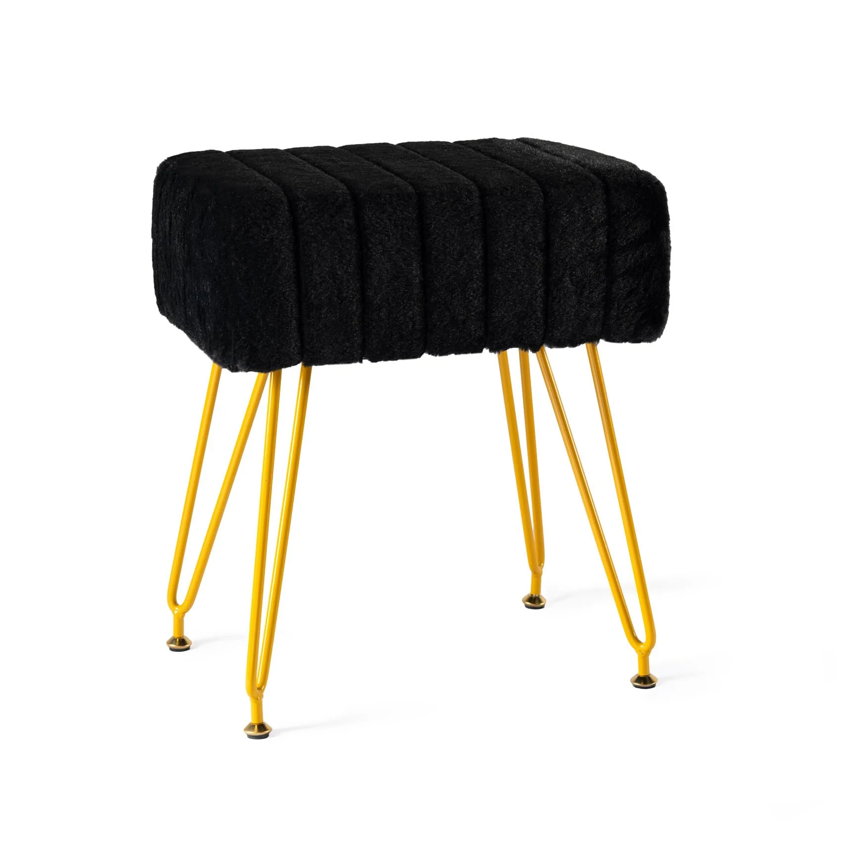 PROHIKER Modern Makeup Vanity Stool, Faux Fur Vanity Chair Ottoman Soft Footrest with Golden Metal Legs for Bedroom Bathroom, Black