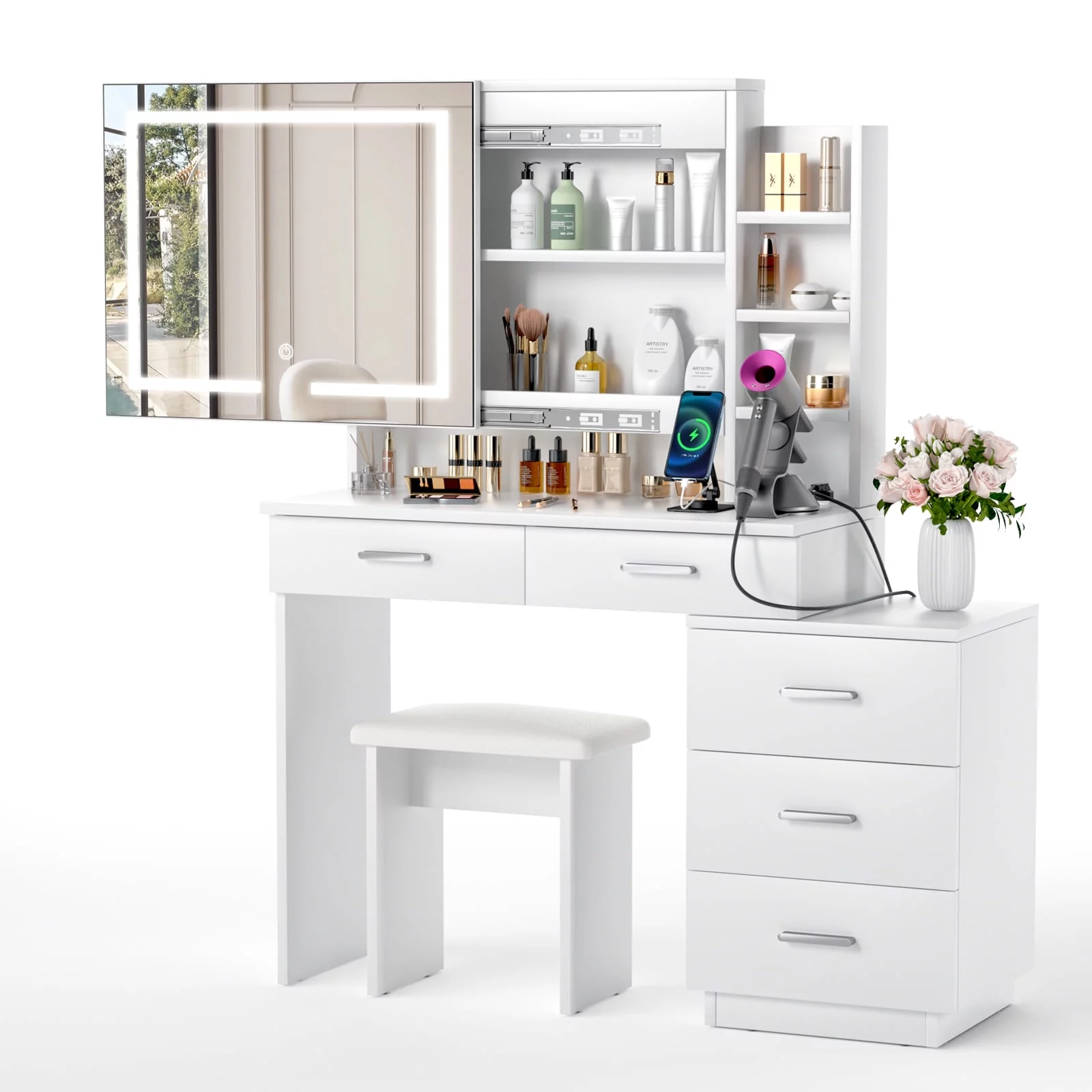 Large Makeup Vanity Desk with Sliding Lighted Mirror Power Outlet Movable 3-Drawer Chest and Shelves White
