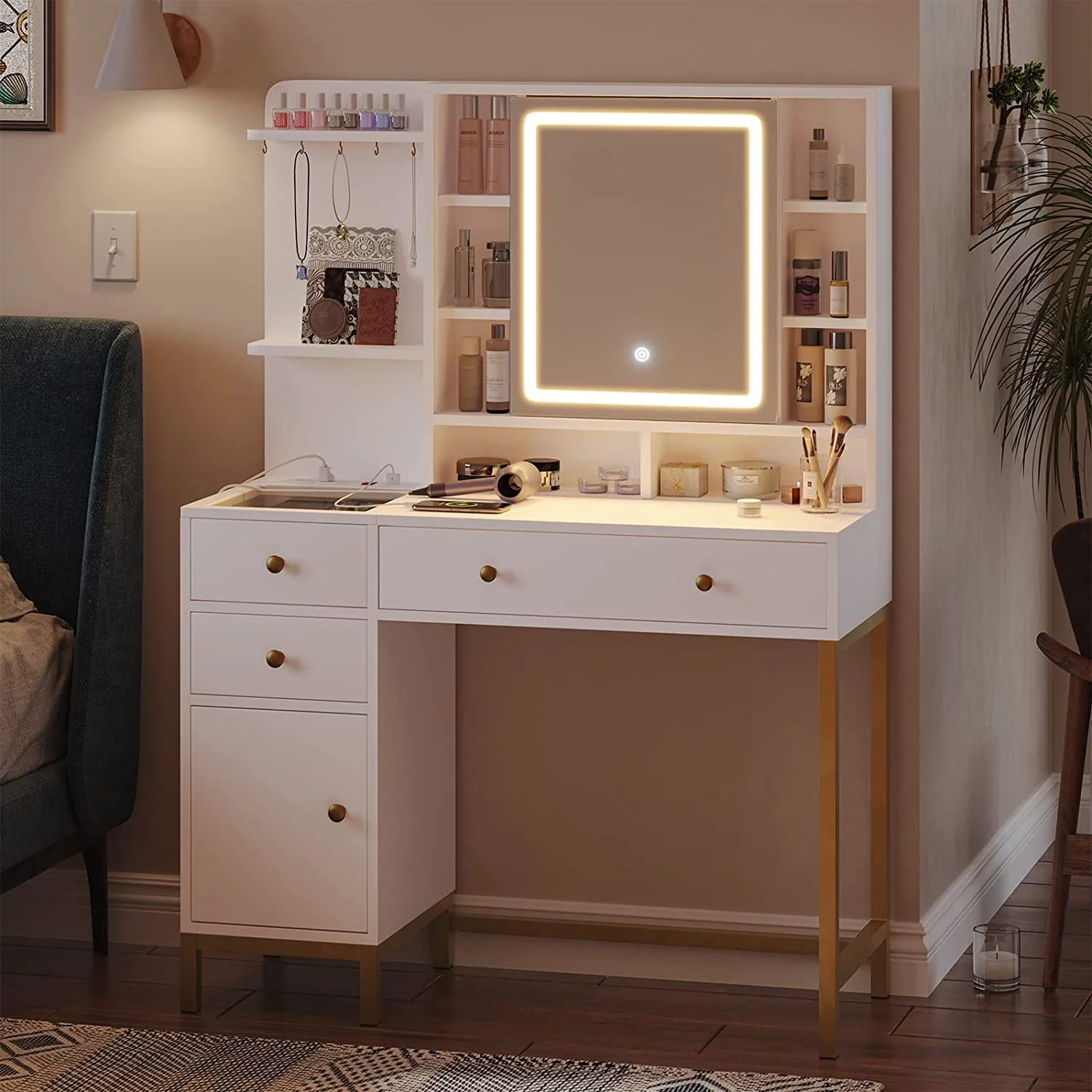 Vanity Table with Charging Station, Makeup Desk with Lights in 3 Colors, White