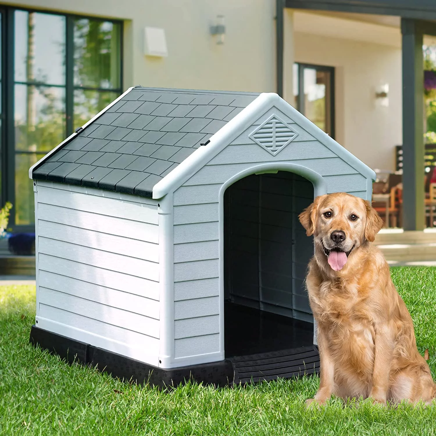 Dextrus Large Plastic Dog House with Air Vents and Elevated Floor,Water Resistant Dog Puppy Shelter for Indoor and Outdoor Use,Spacious and Durable(41''L*38''W*39''H, Gray)