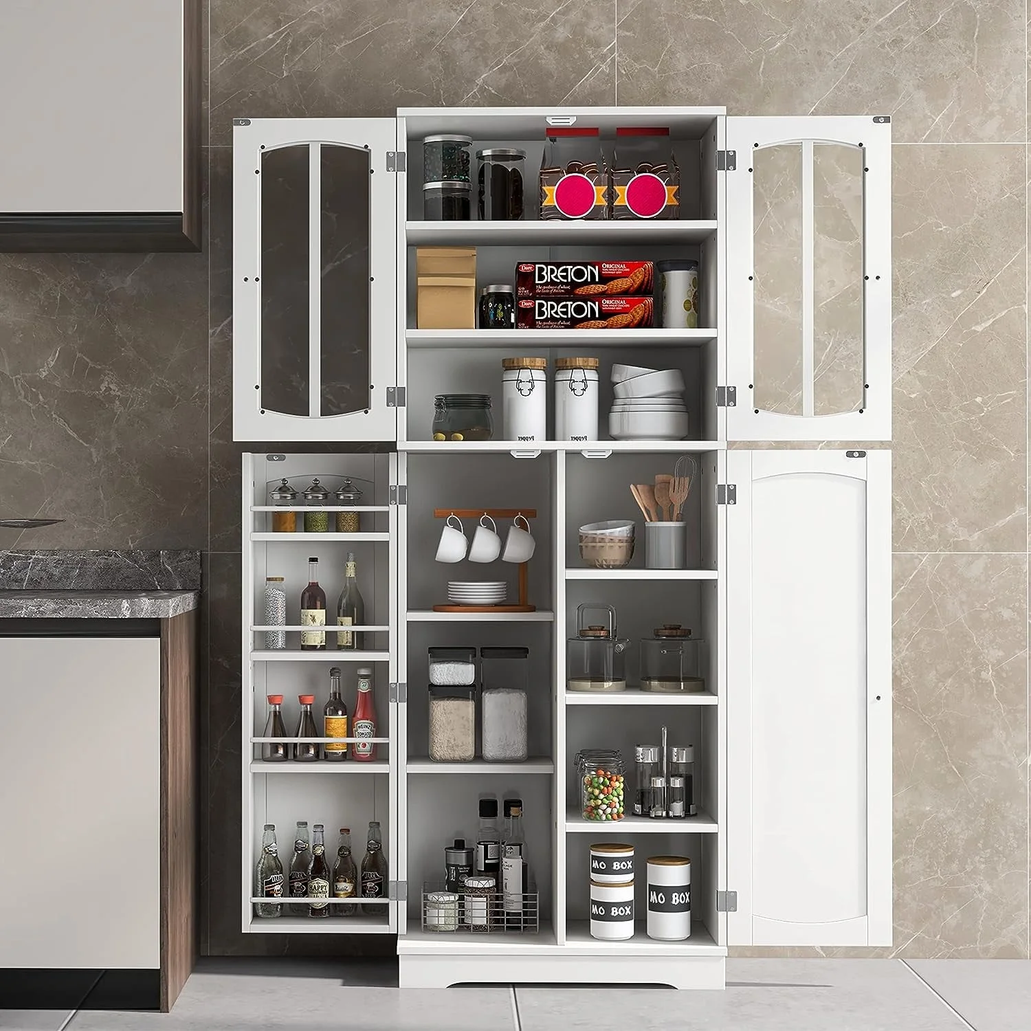 Tolead Wood Kitchen Pantry Storage Cabinet with Doors and Shelves, Saving Space, Large, White