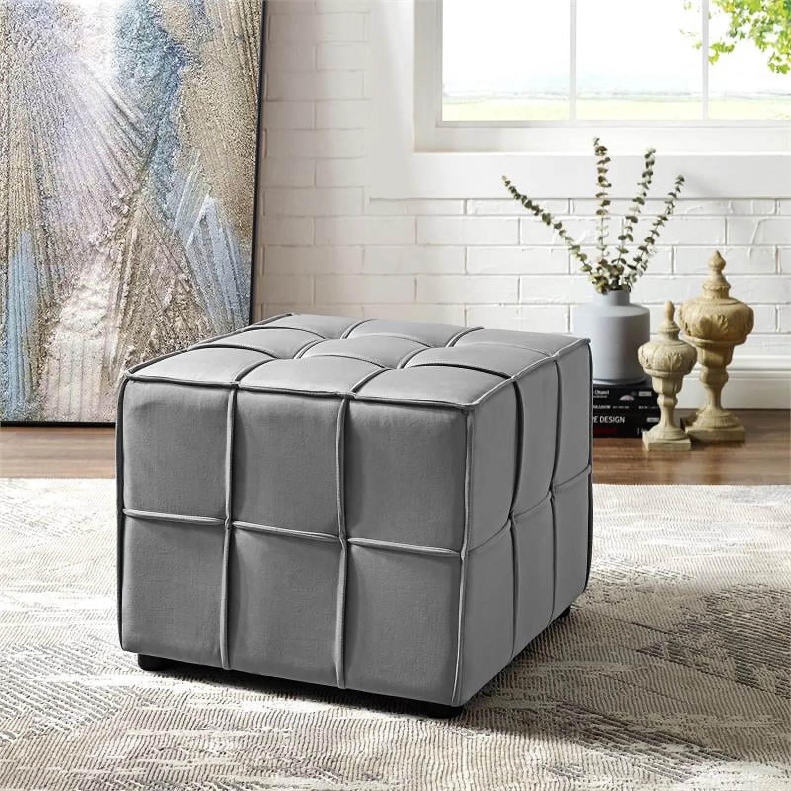 Loft Lyfe LON114-02LG-UE Posh Living Gannon Velvet Cube Ottoman, Light Grey - 28 x 30 x 34 in.