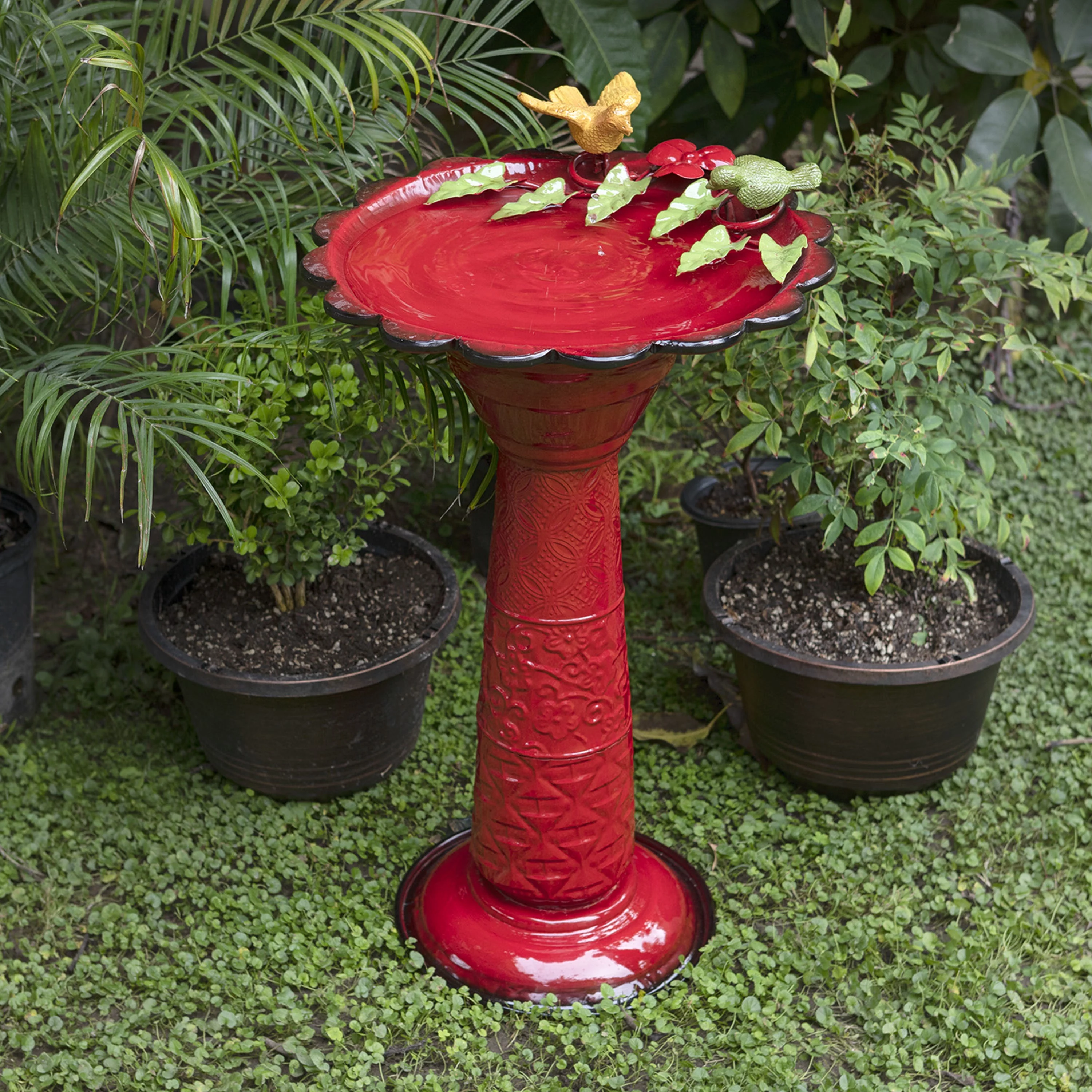 Alpine Corporation 28-Inch Metal Bird Bath with Birds and Leaves, Red