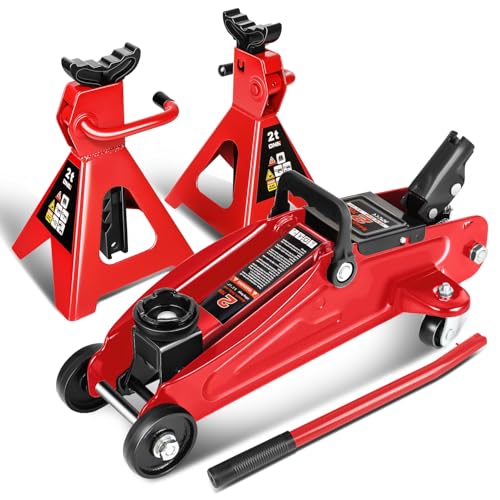 DNA MOTORING TOOLS-00280 Low Profile Hydraulic Trolley Service/Floor Jack Combo with 2 Ratchet Jack Stands, 2 Ton (4000 lbs) Capacity