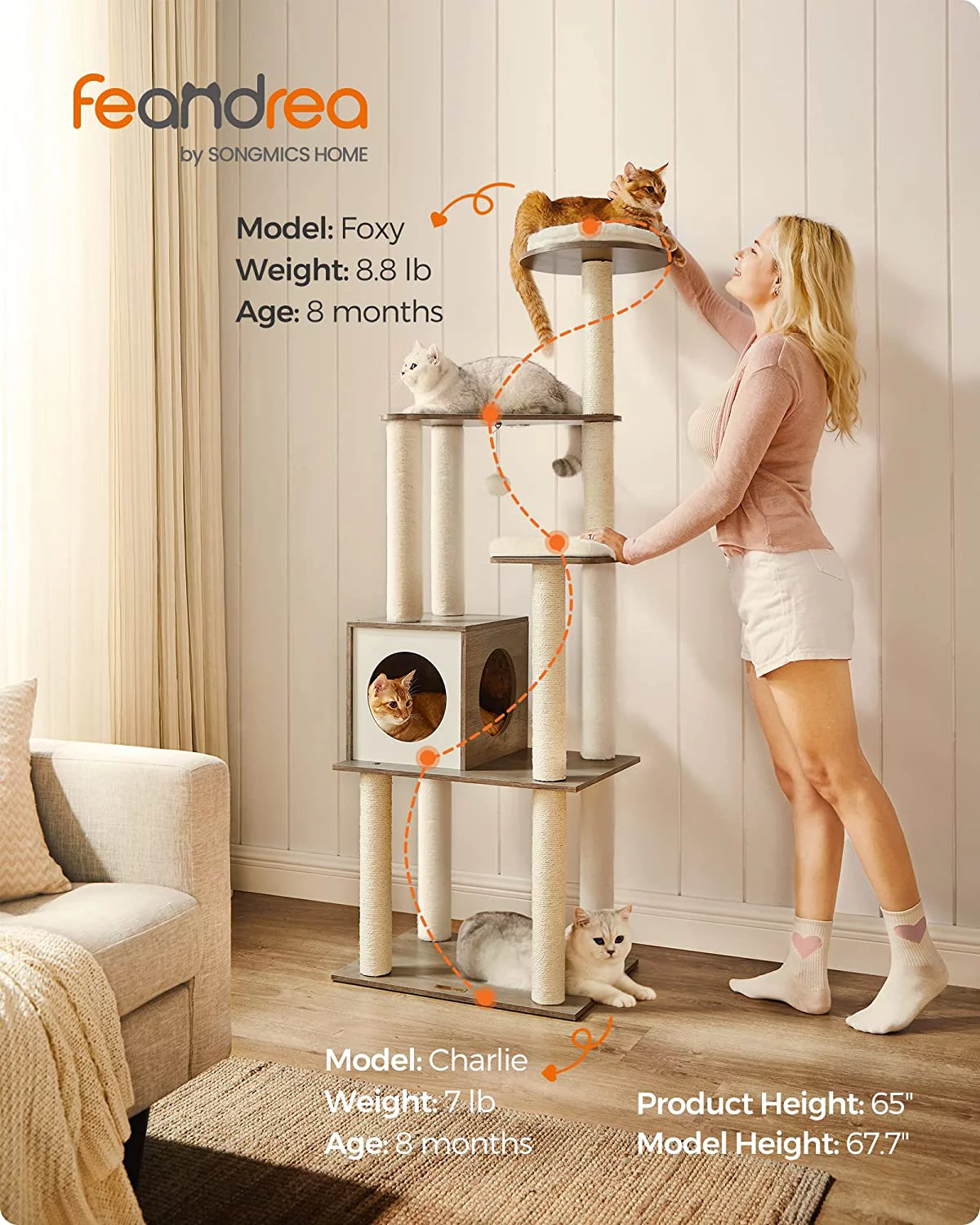 Feandrea WoodyWonders Cat Tree, 65-Inch Modern Cat Tower for Indoor Cats, Multi-Level Cat Condo with 5 Scratching Posts, Perch, Washable Removable Cushions, Cat Furniture, Greige