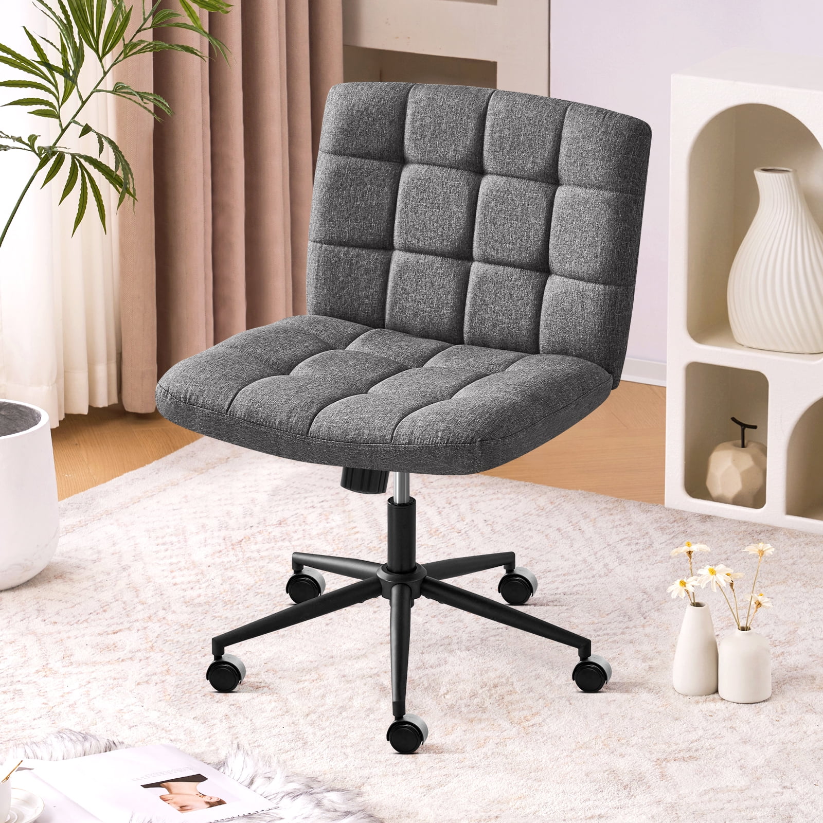 Furniliving Home Office Desk Chairs with Wheels Wide Desk Chair Mid Back Vanity Chair Modern Computer Desk Chair Swivel Accent Chair, DarkGrey