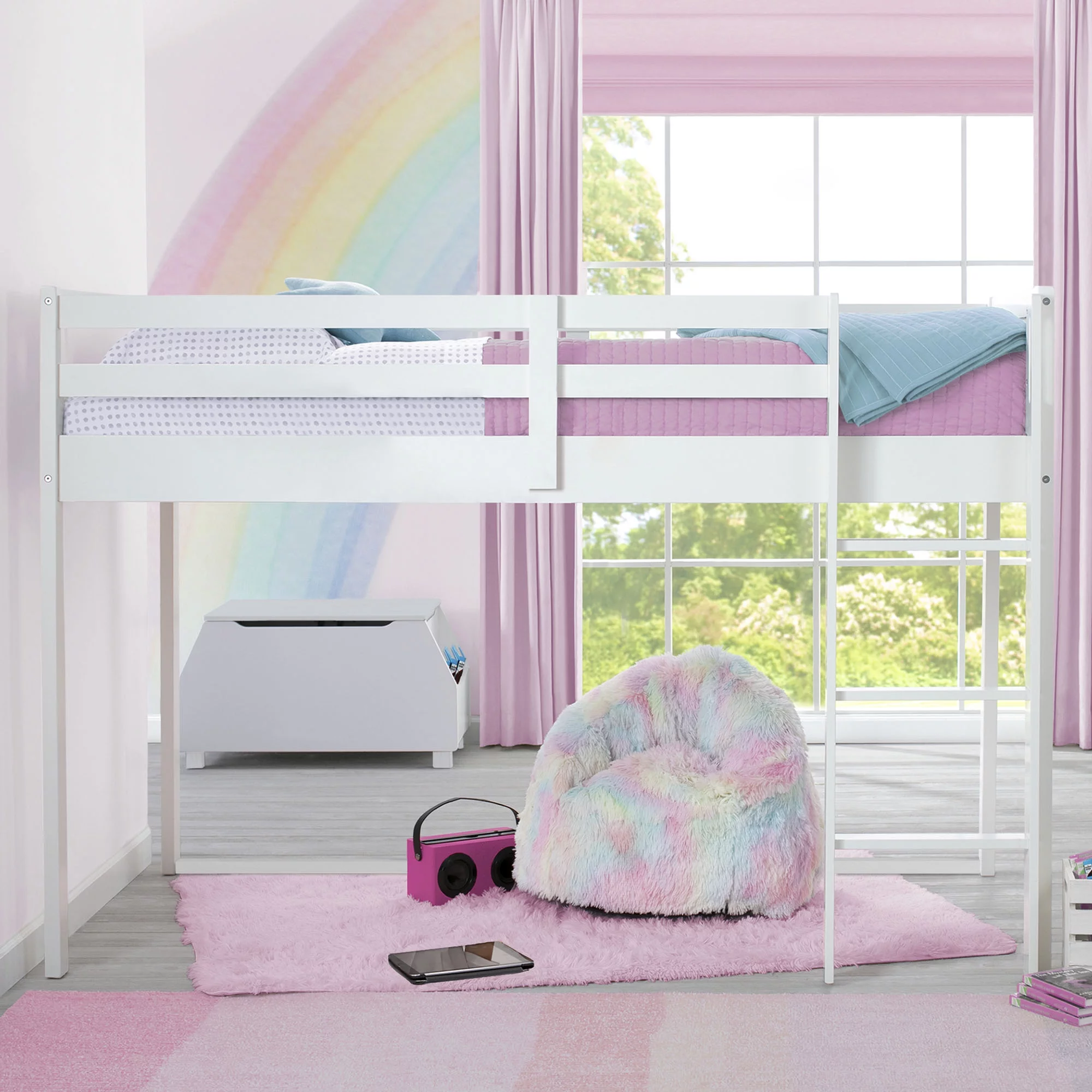 Delta Children Twin Loft Bed with Guardrail and Ladder, White