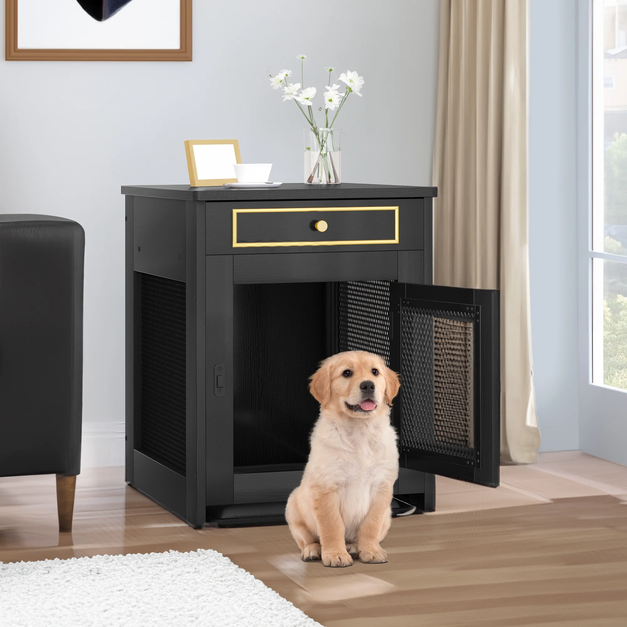Dextrus Wooden Dog Kennel End Table , Dog Crate Furniture, Drawer for Small Dogs Under 25 lbs Indoor Use, Black