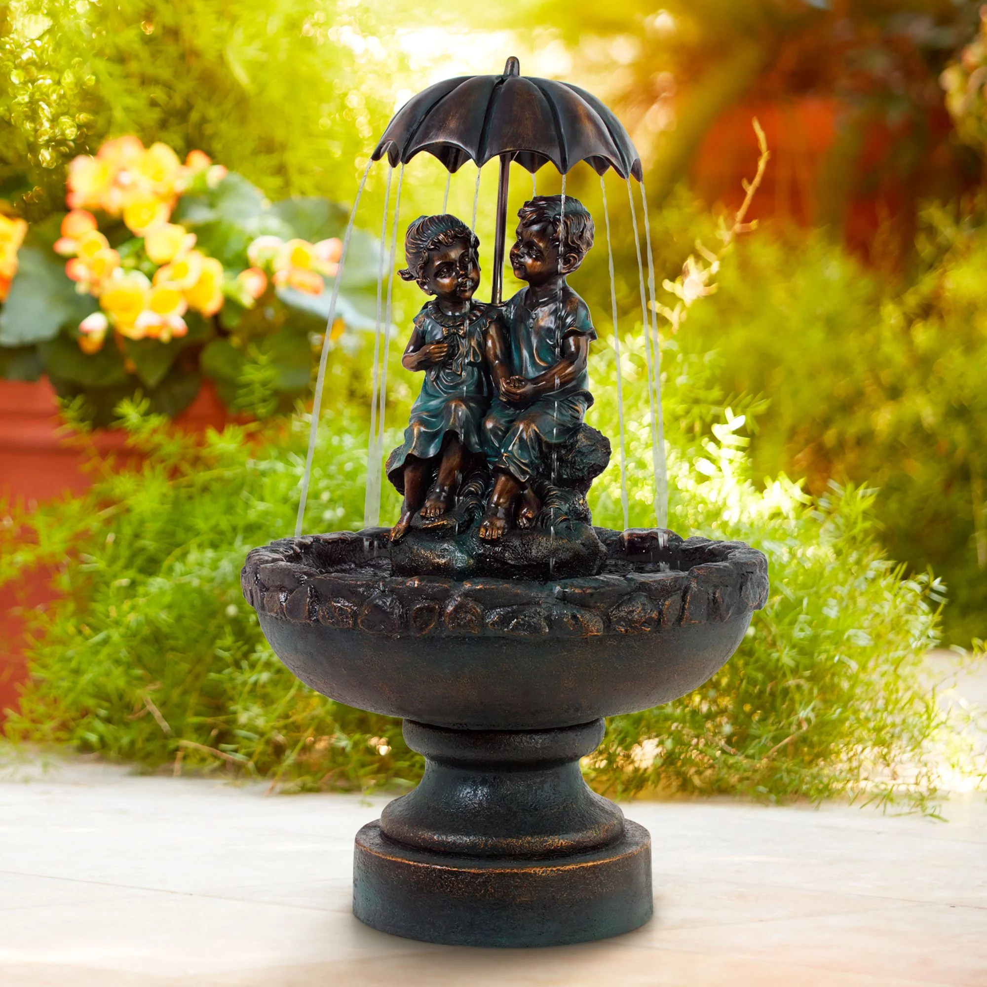 John Timberland Boy and Girl Under Umbrella Modern Outdoor Water Fountain 40