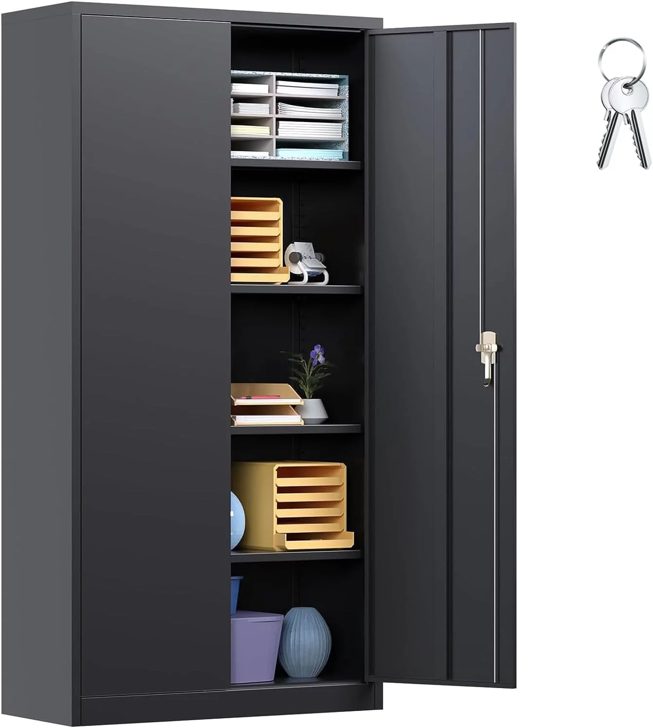 SUNCROWN  71 In Metal Storage Garage Cabinets with Locking Doors and Adjustable Shelves, Steel Storage Cabinet for Garage, Office, Classroom, Assemble Required(Black)