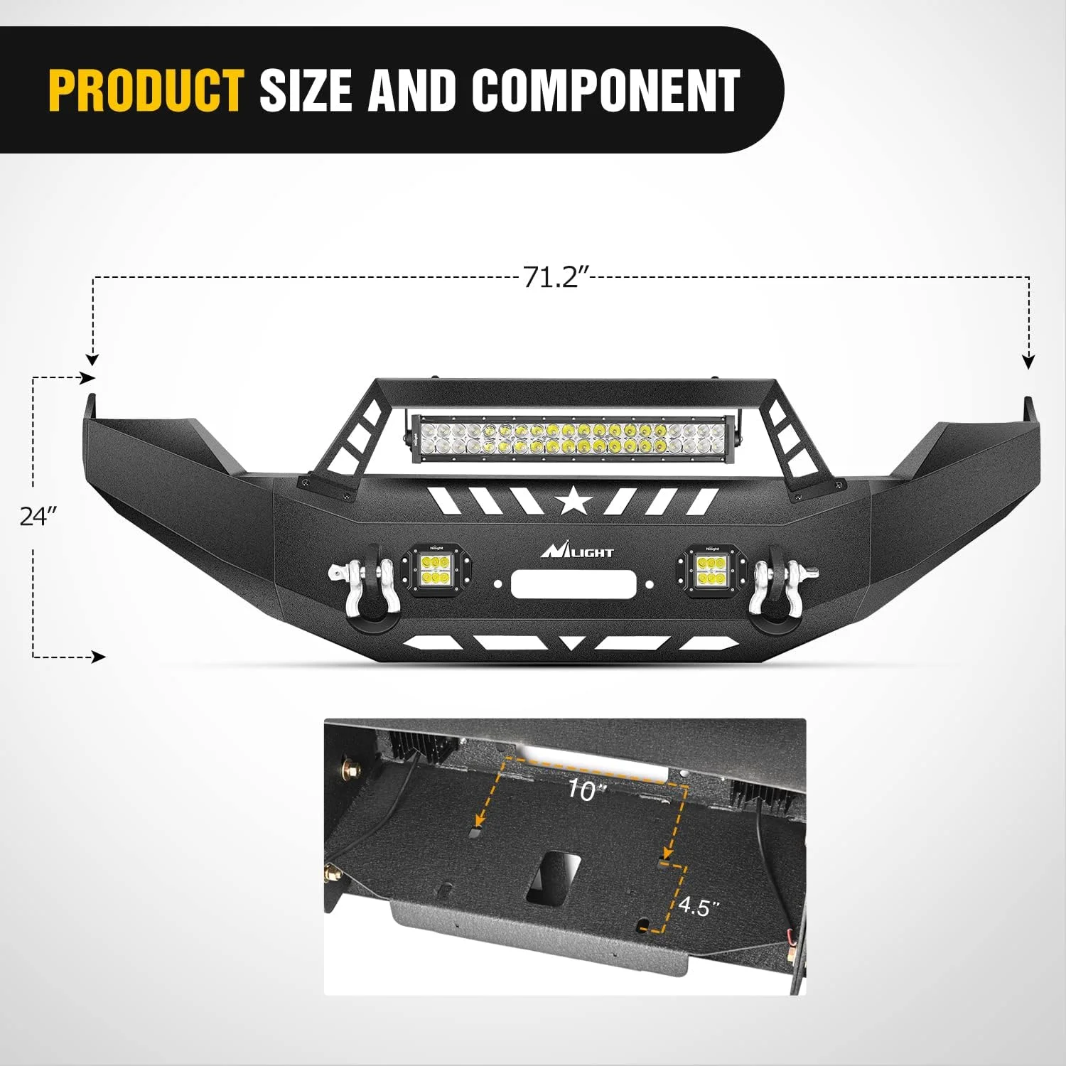 Nilight Front Bumper Full Width Solid Steel Compatible for 2013 2014 2015 2016 2017 2018 Dodge Ram 1500 Pickup Truck with Winch Plate Offroad 120W LED Light Bar 2x18w Light Pods 2 Years Warranty