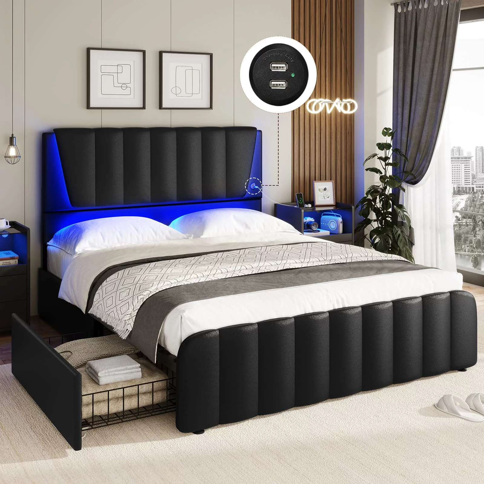 Full Size Bed Frame with Headboard and 4 Storage Drawers, Platform Bed Frame with Led Light & 2 USB Ports, Wooden Slats Support, No Box Spring Needed, Black