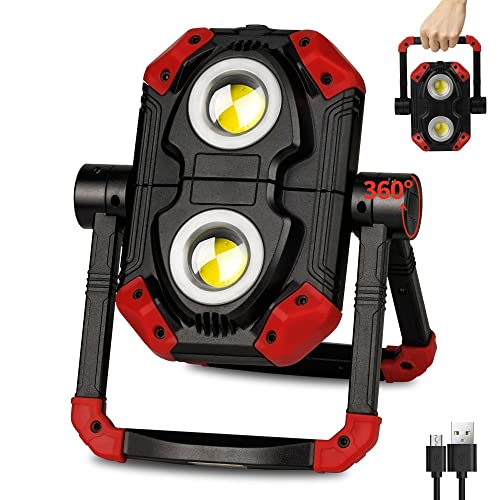 LED Work Light Rechargeable, 2 COB 2500LM Folding Portable Flood Light with Magnetic Base and 360° Rotation Stand, Waterproof Spotlights for Camping Car Repairing Emergency Job Site Lighting (2, Red)