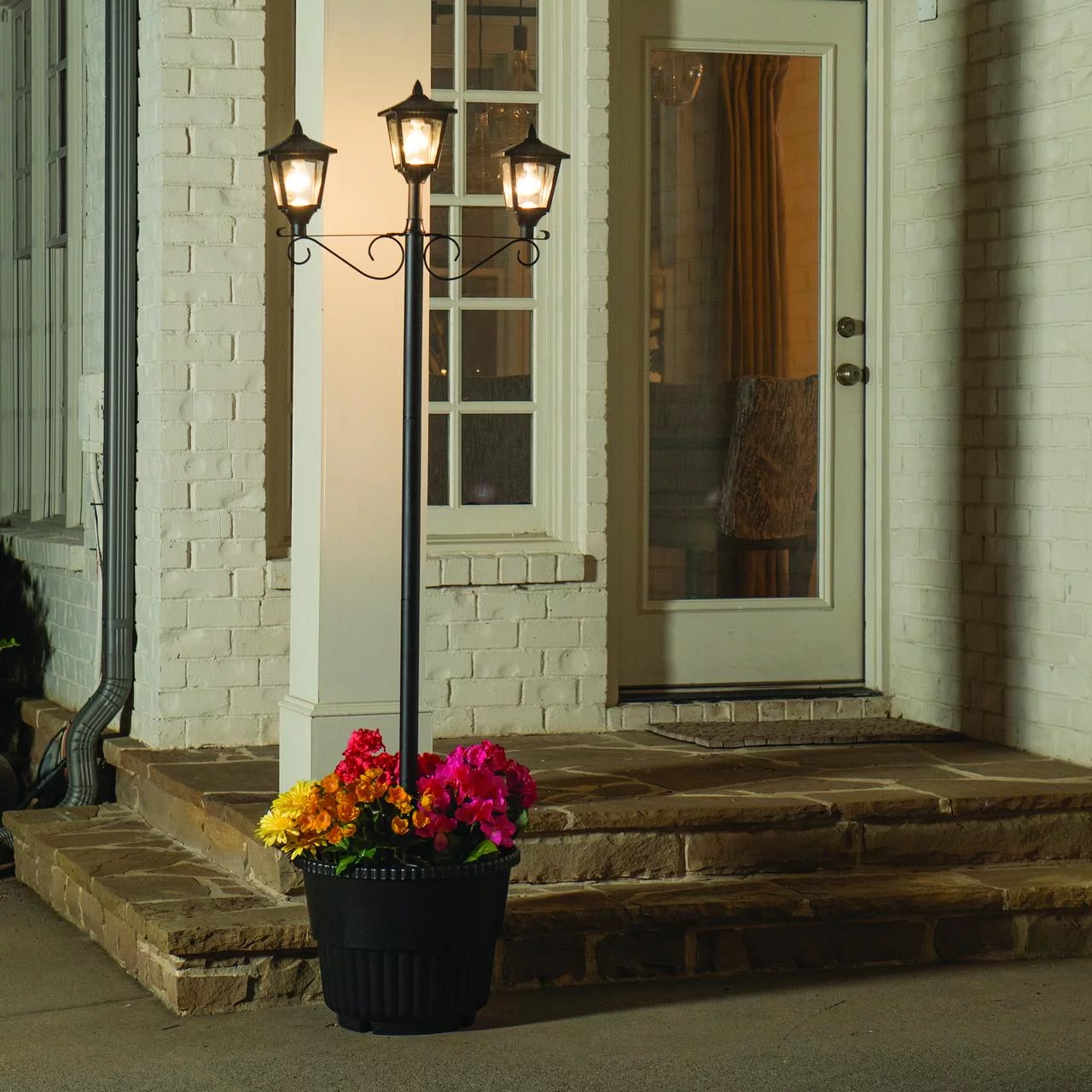 Gama Sonic Triple Head Solar Lamp and Post Set with Round Planter, Weather Resistant, Black Finish (14B50063)