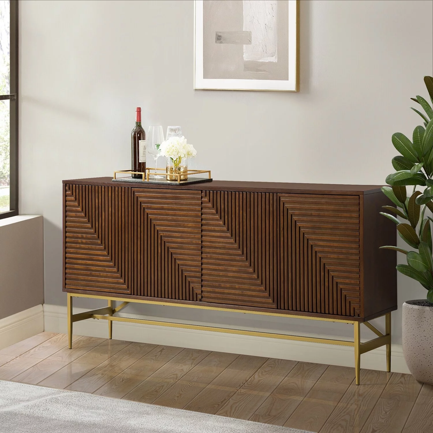 HULALA HOME Rowland Kitchen Buffet Sideboard with Metal Legs Walnut