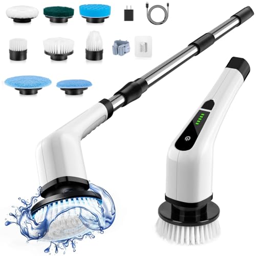 Electric Spin Scrubber, Cordless Cleaning Brush Scrubber for Home, 400RPM/Mins-8 Replaceable Brush Heads-90Mins Work Time, 3 Adjustable Size, 2 Speeds for Bathroom Shower Bathtub Glass Car