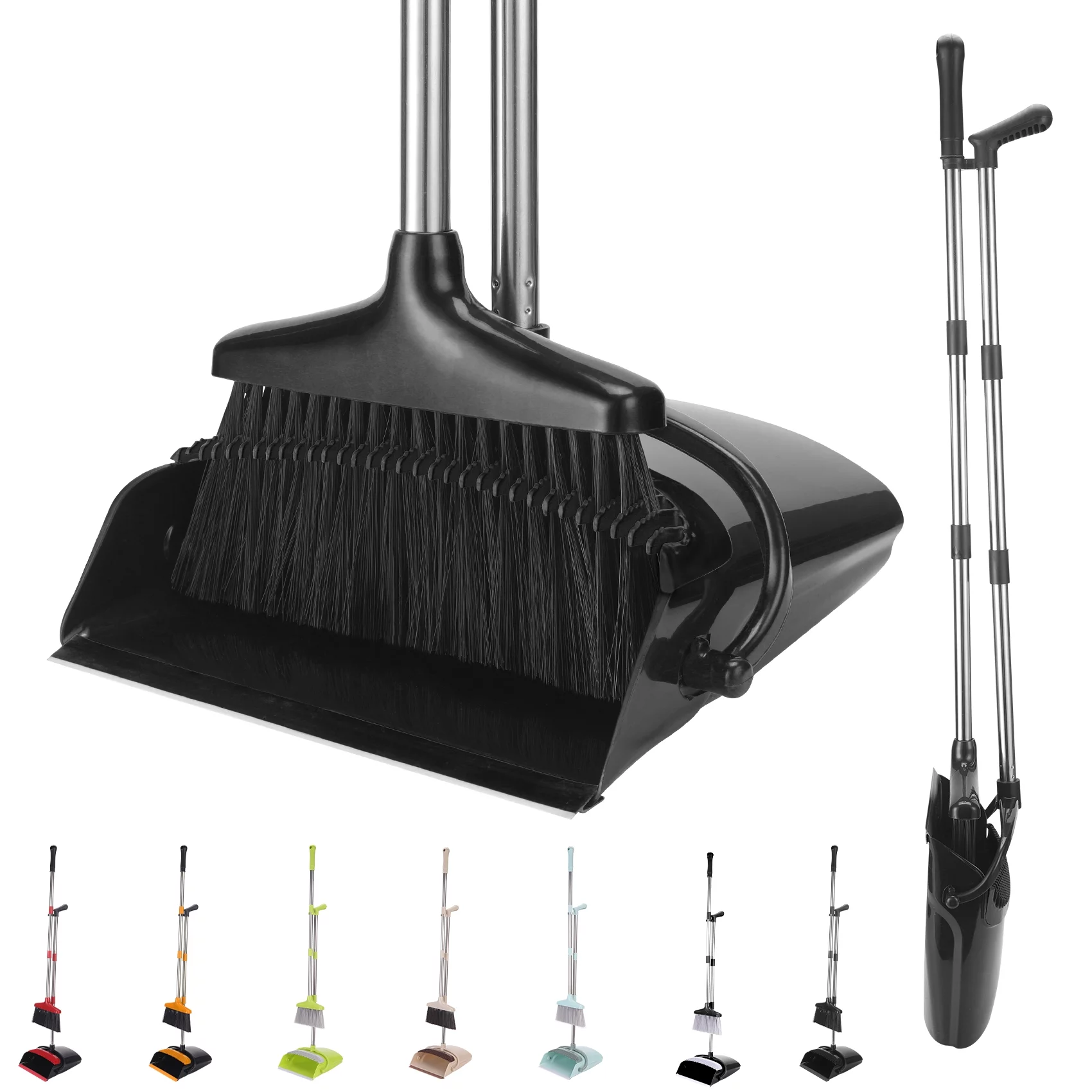 XXXFLOWER Standing Dustpan and Broom Set Long Handled Dust Pans with Self-Cleaning Teeth for Indoor Outdoor Green