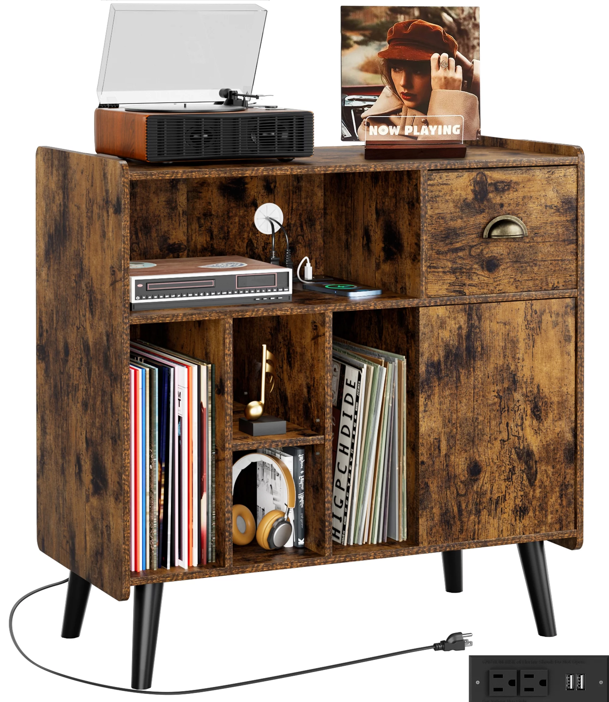 Luxmo Record Player Stand with Vinyl Storage, Vinyl Record storage Cabinet with Charging Station, Turntable Stand Record Table Display with Wood Legs for Bedroom Living Room