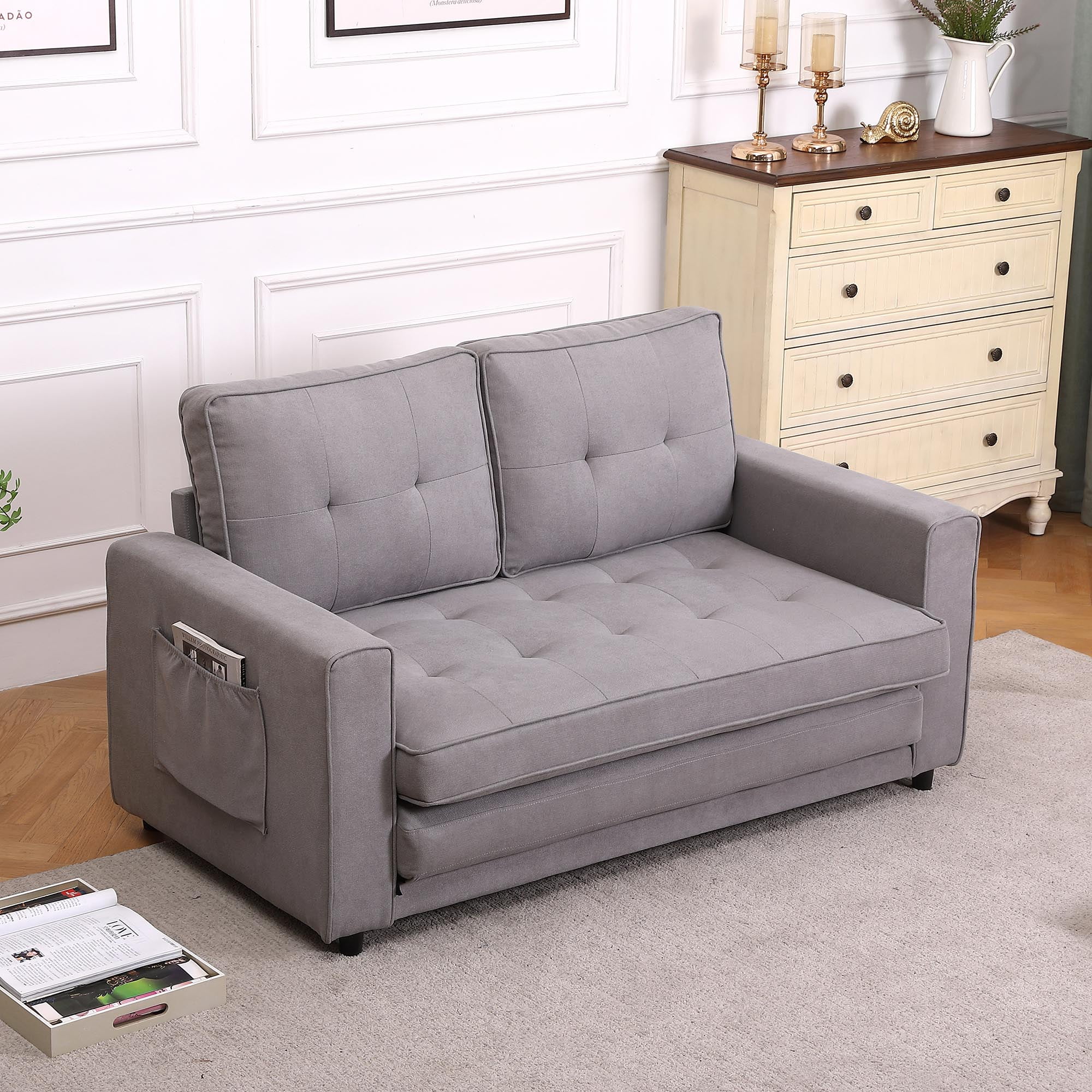 3-in-1 Upholstered Futon Sofa Convertible Floor Sofa bed,Foldable Tufted Loveseat with Pull Out Sleeper Couch Bed,Folding Mattres Love Seat Daybed W/Side Pockets for Living Room