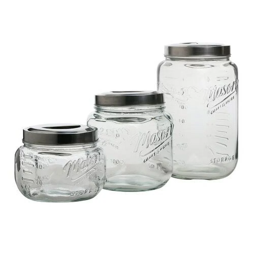 Mason Craft & More 3 Piece Square Glass Canister Set With Pop Up Lid
