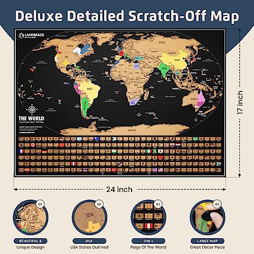 Landmass Scratch Off World Map, Deluxe Travel Tracker Map Poster with Flags, Detailed Cartography, Map of the World, Gift Idea for Travelers, Map Lovers, Wall Art, Home or Office Decor, 17x24 Inches