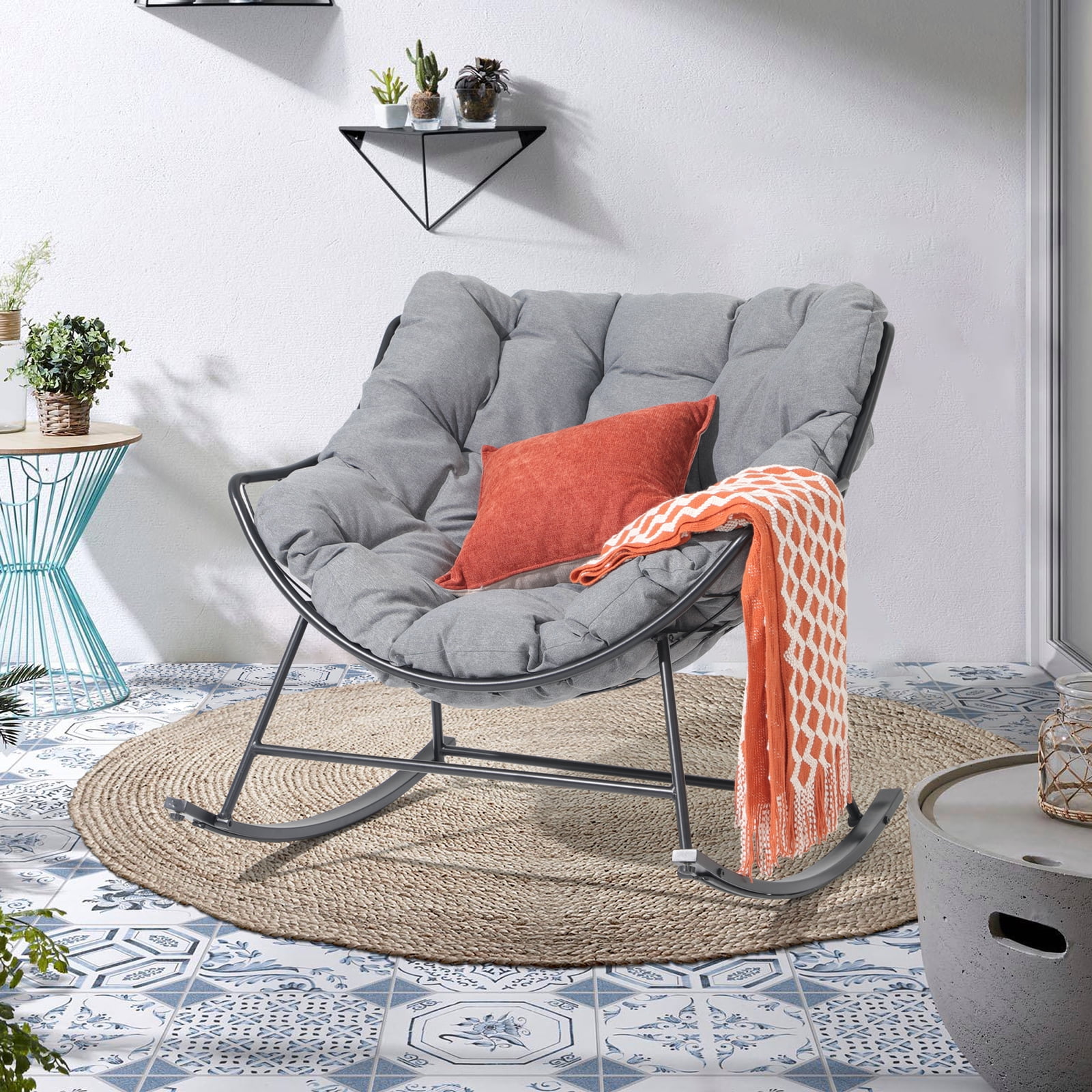 OC Orange-Casual Outdoor Rocking Chair, Indoor Comfy Reading Chairs Set with Oversized Cushion, Patio Rocker Egg Recliner Chair, Grey