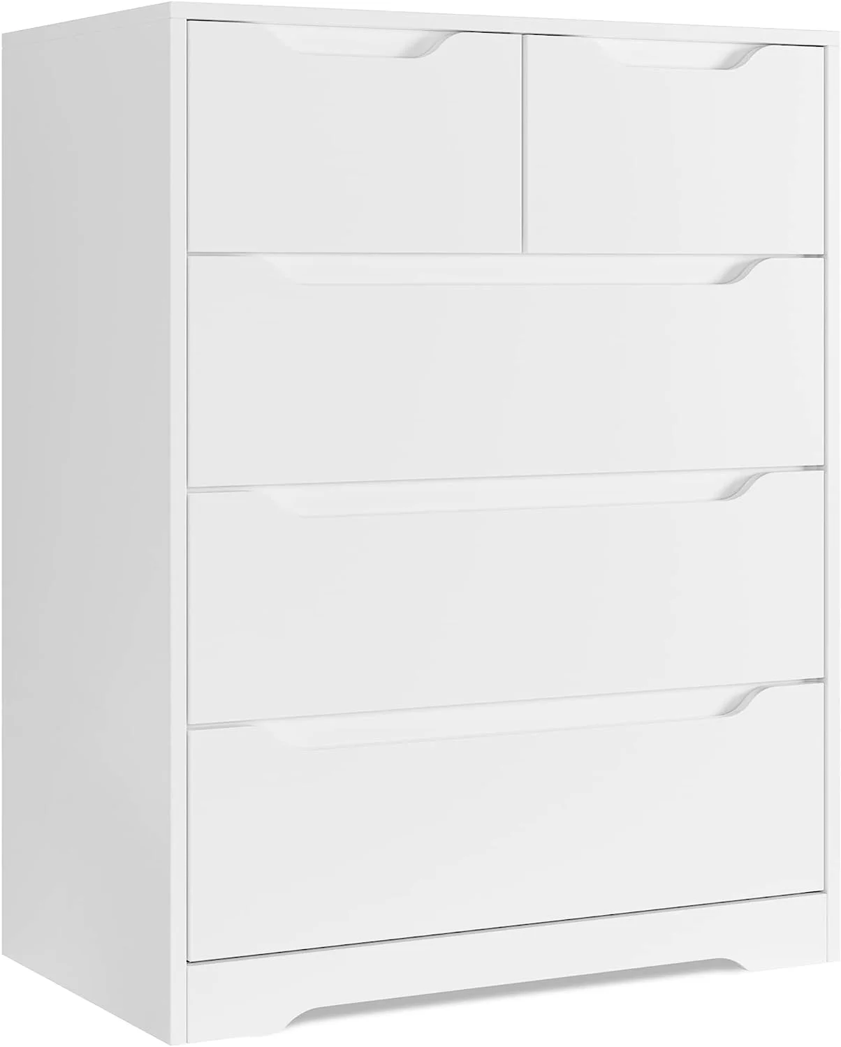 Popular Modern 5 Drawer Dresser  Chest of Drawers with Storage  Wood Clothing Organizer with Cut-Out Handles  Accent Storage Cabinet for Living Room  Bedroom  Hallway  White
