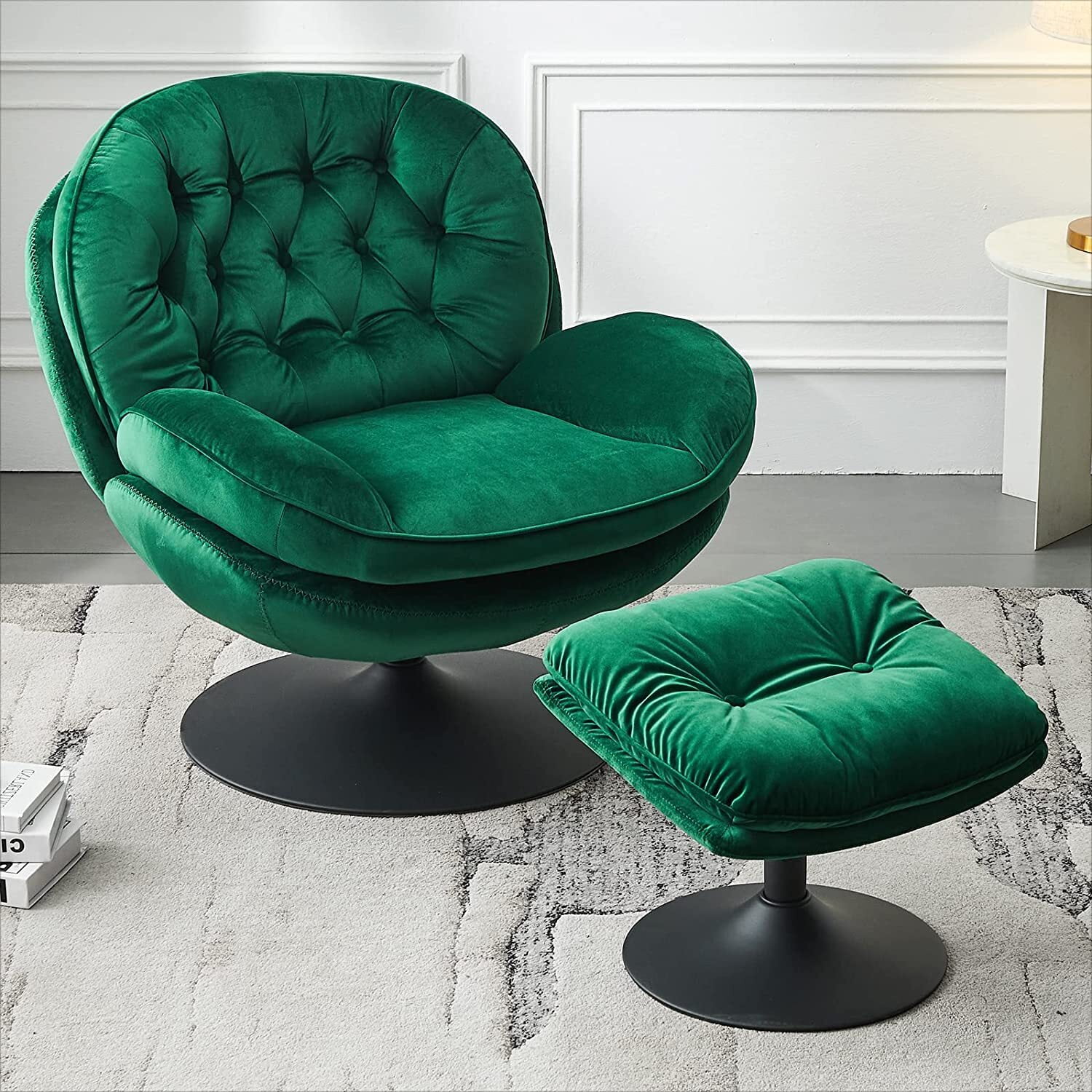 Velvet Swivel Accent Chair with Ottoman for Living Room Bedroom Reading Room, Cozy Lounge Armchair Fluffy Round Tufted Back Adult Gifts for Small Room Lazy Relax Read TV Chair,Green