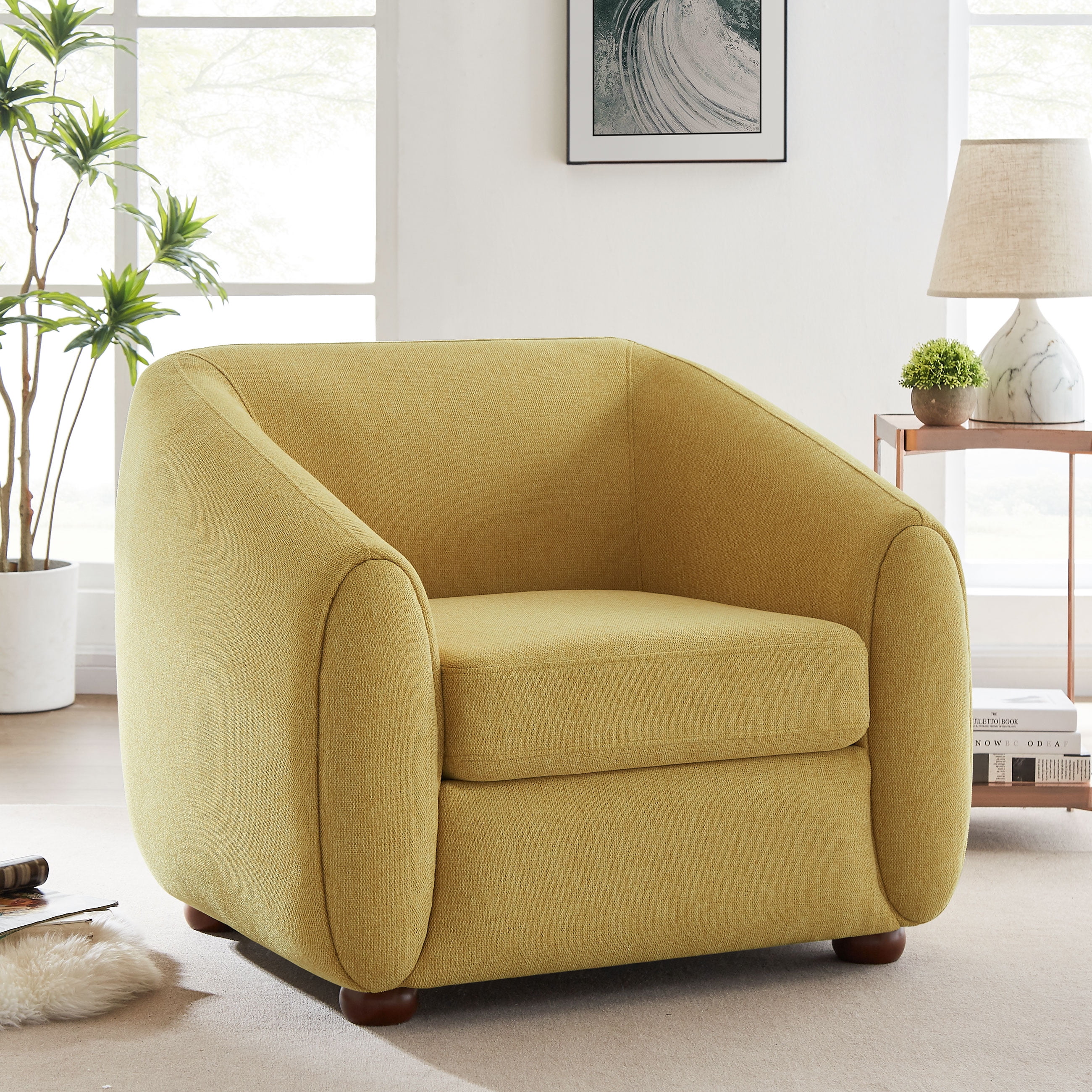 VANOMi Accent Chairs, Modern Mid Century Upholstered Living Room Chair, Reading Armchair for Bedroom, Light Yellow