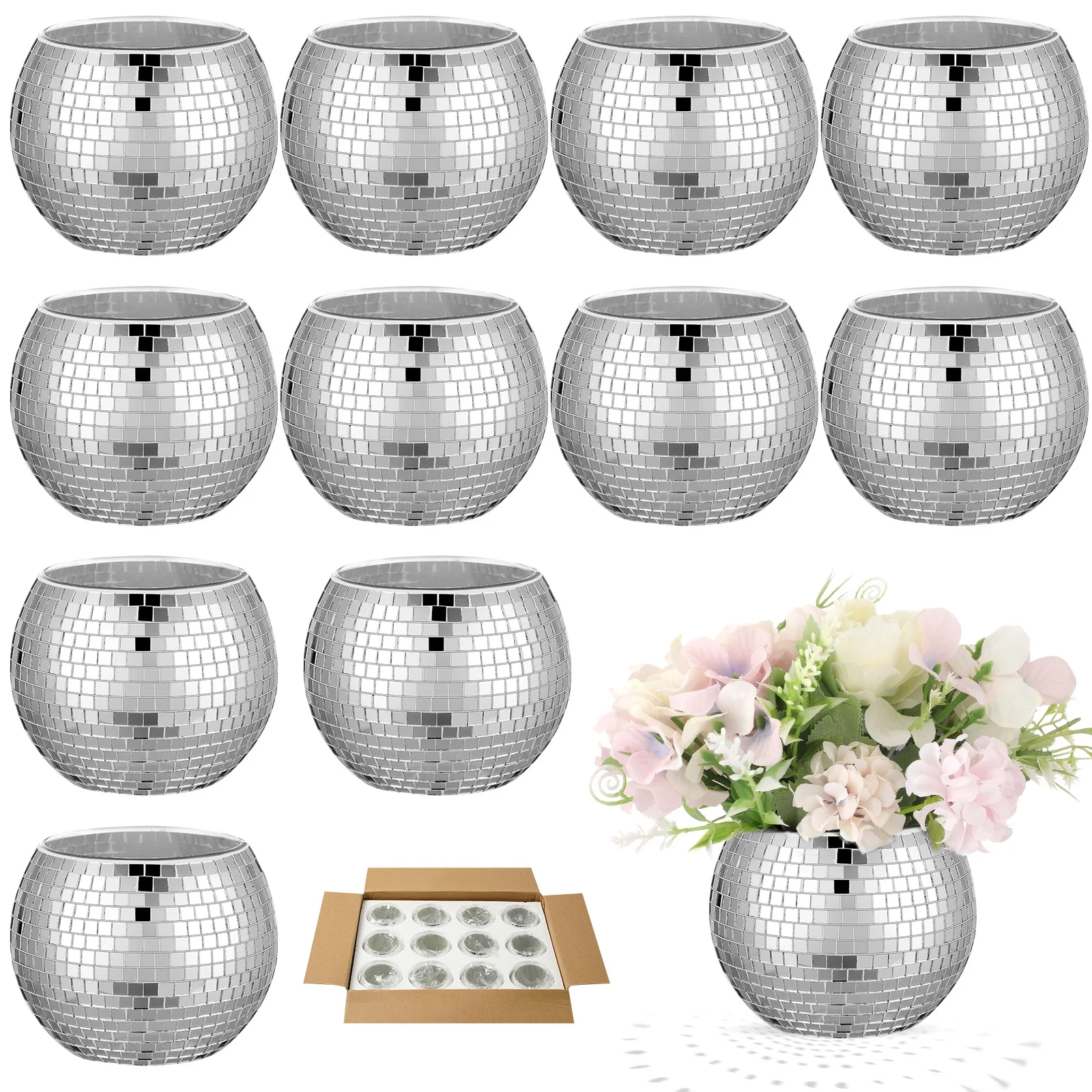 Bocaoying 12 Pcs Silver Disco Ball Vase, Mirror Disco Ball Glass Vase, Disco Ball Planter Candle Holder, Glass Vase Bulk for Wedding Centerpieces Bedroom Kitchen Office Decoration(Silver)