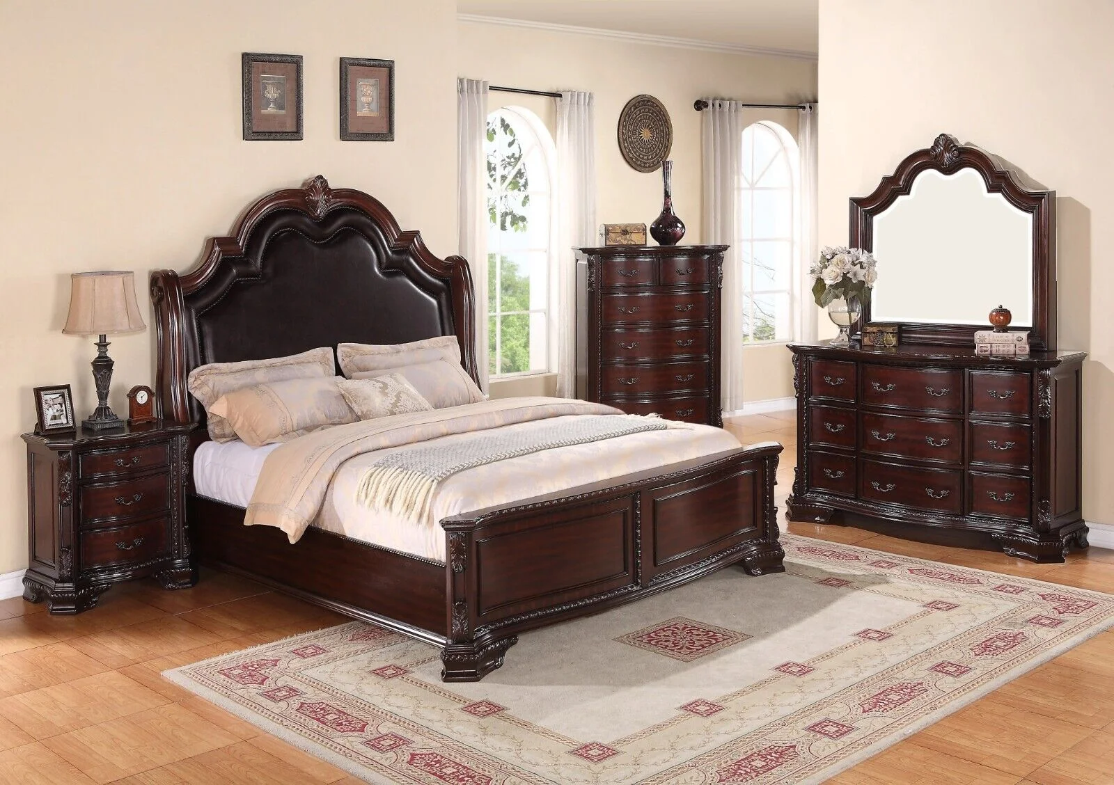 Classic Vintage Style 5Pc King Panel Bed Set Brown Finish Storage Bedroom Furniture Wooden Faux Leather