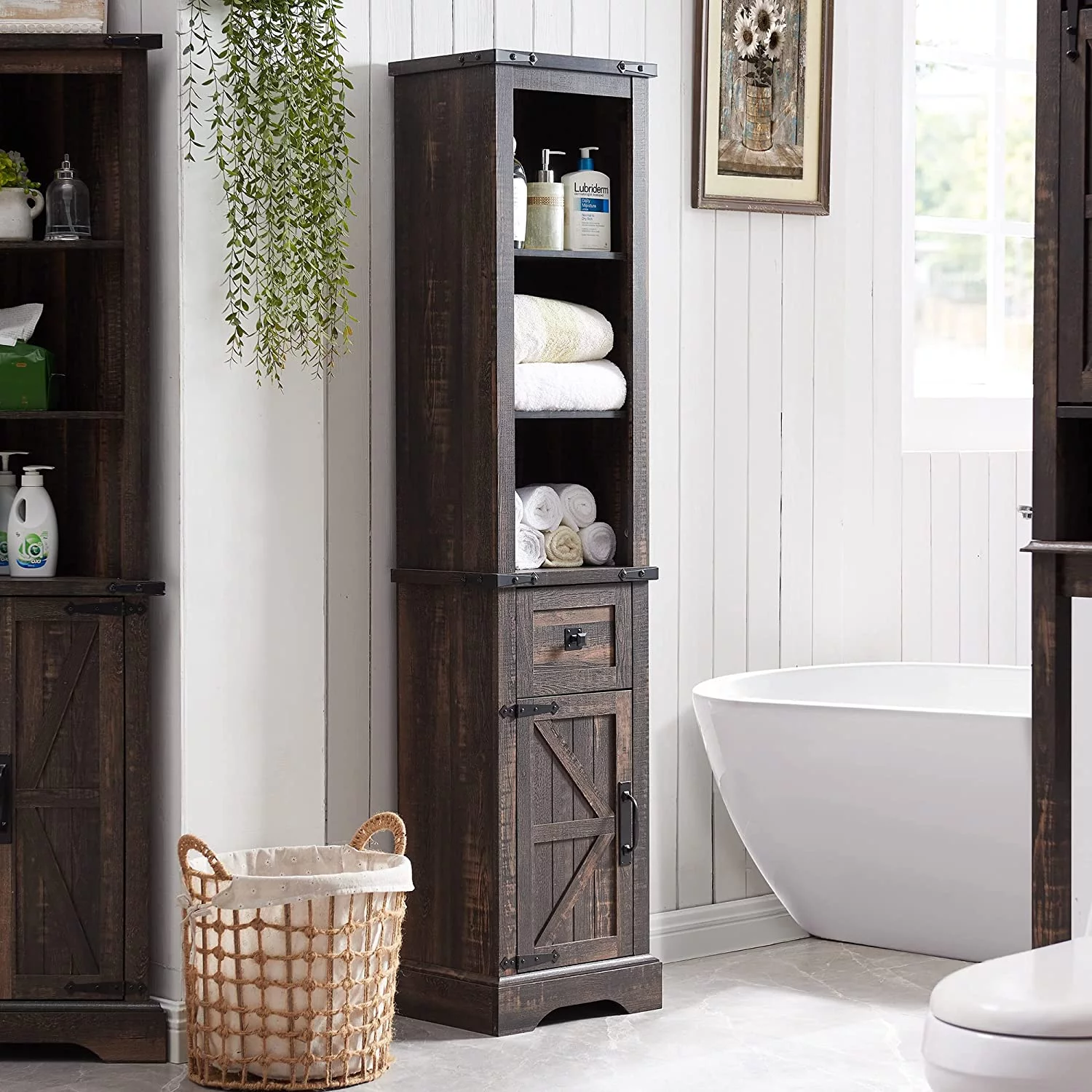 OKD Bathroom Storage Cabinet, Narrow Tall Cabinet Storage Tower with Door and Drawer, Dark Rustic Oak